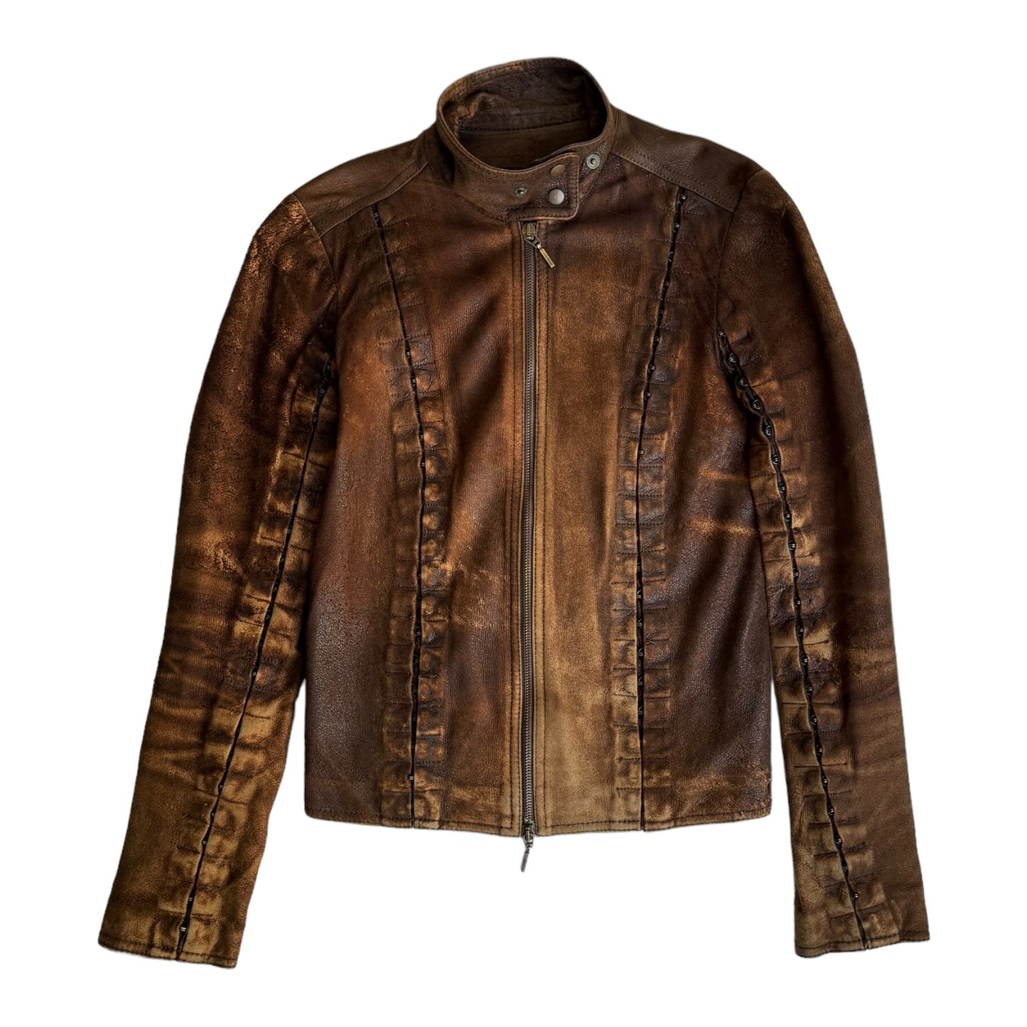 PLEIN SUD JEANS 2000s BROWN DISTRESSED LEATHER HOOKED JACKET