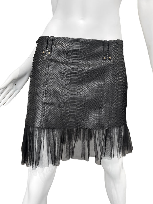 PLEIN SUD SS2011 BLACK PYTHON LEATHER TULLE HEM MINI SKIRT