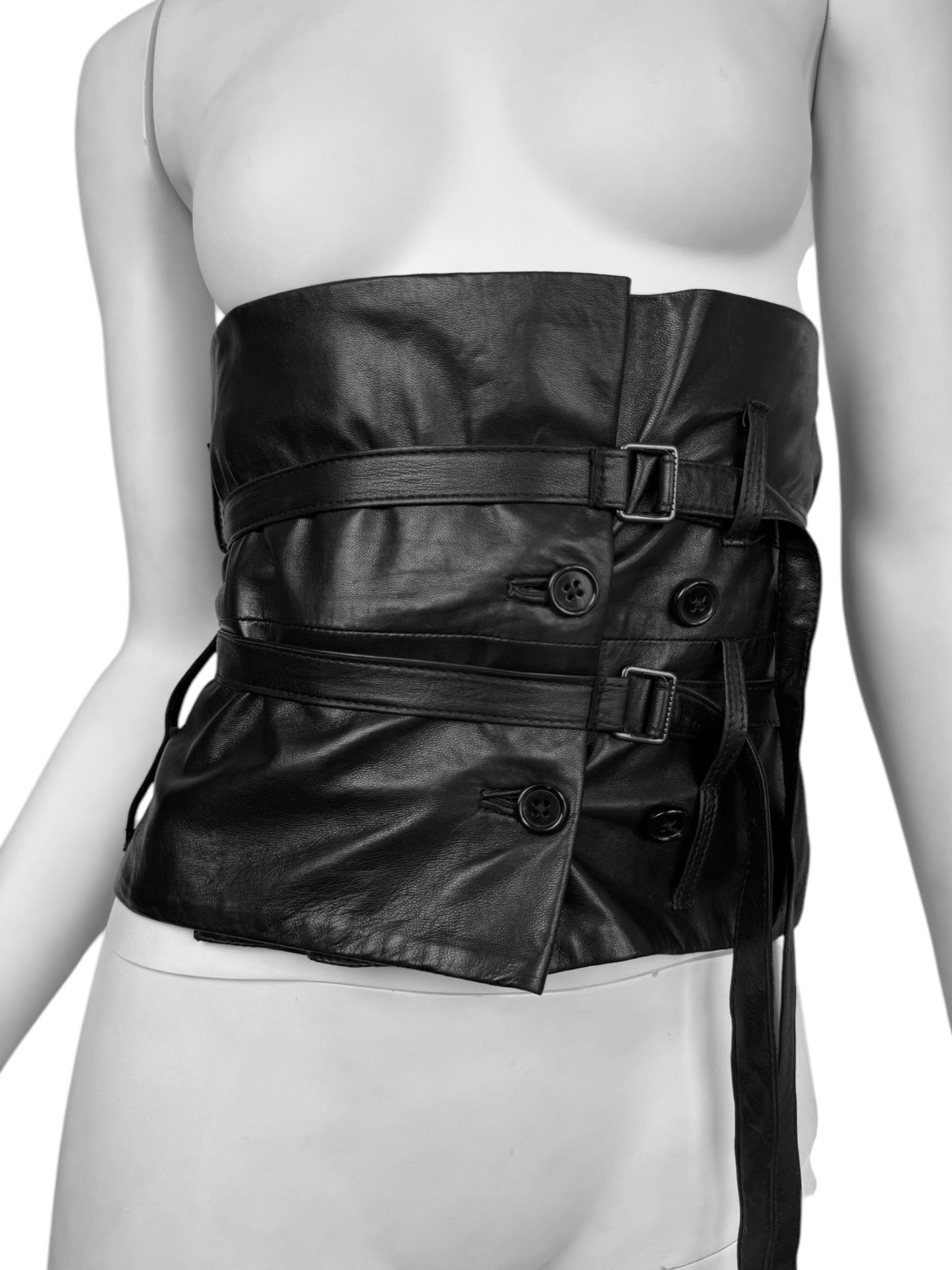 ANN DEMEULEMEESTER FW2010 BLACK LEATHER STRAPS BONDAGE BUSTIER TOP/CORSET