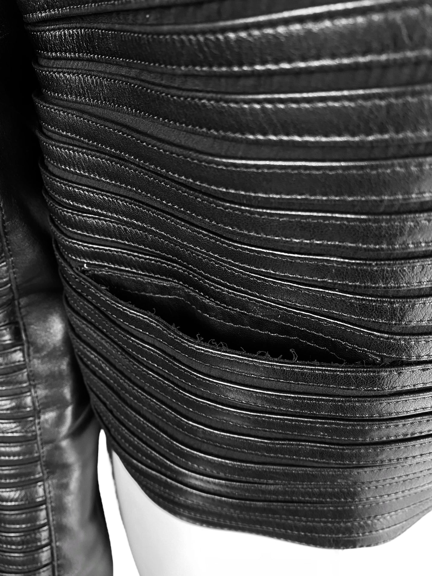 JITROIS 1999 BLACK LEATHER & SILK HORIZONTAL STRAPS ZIP JACKET