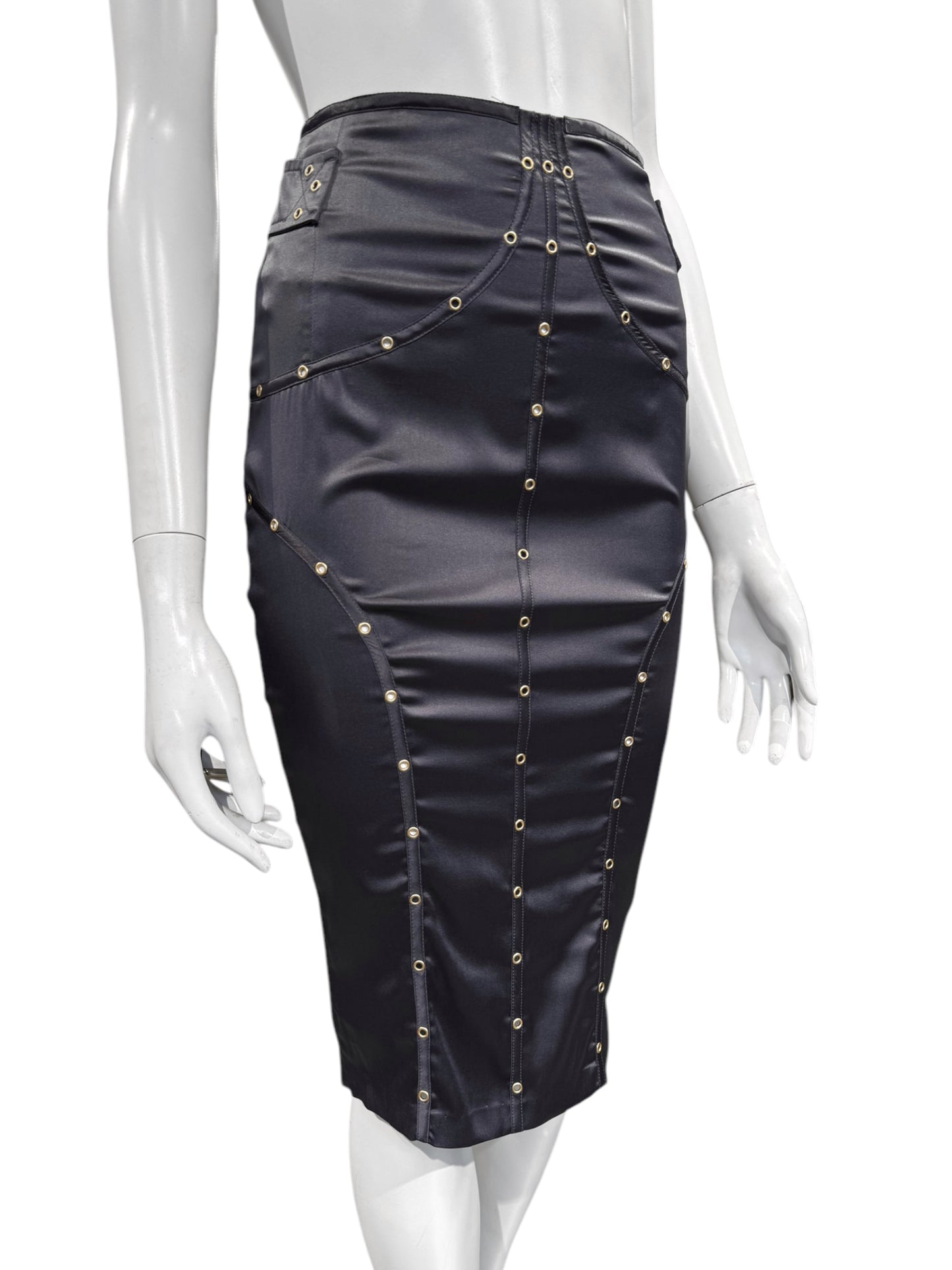 GUCCI FW2003 BY TOM FORD GREY SILK BLEND EYELET PENCIL SKIRT