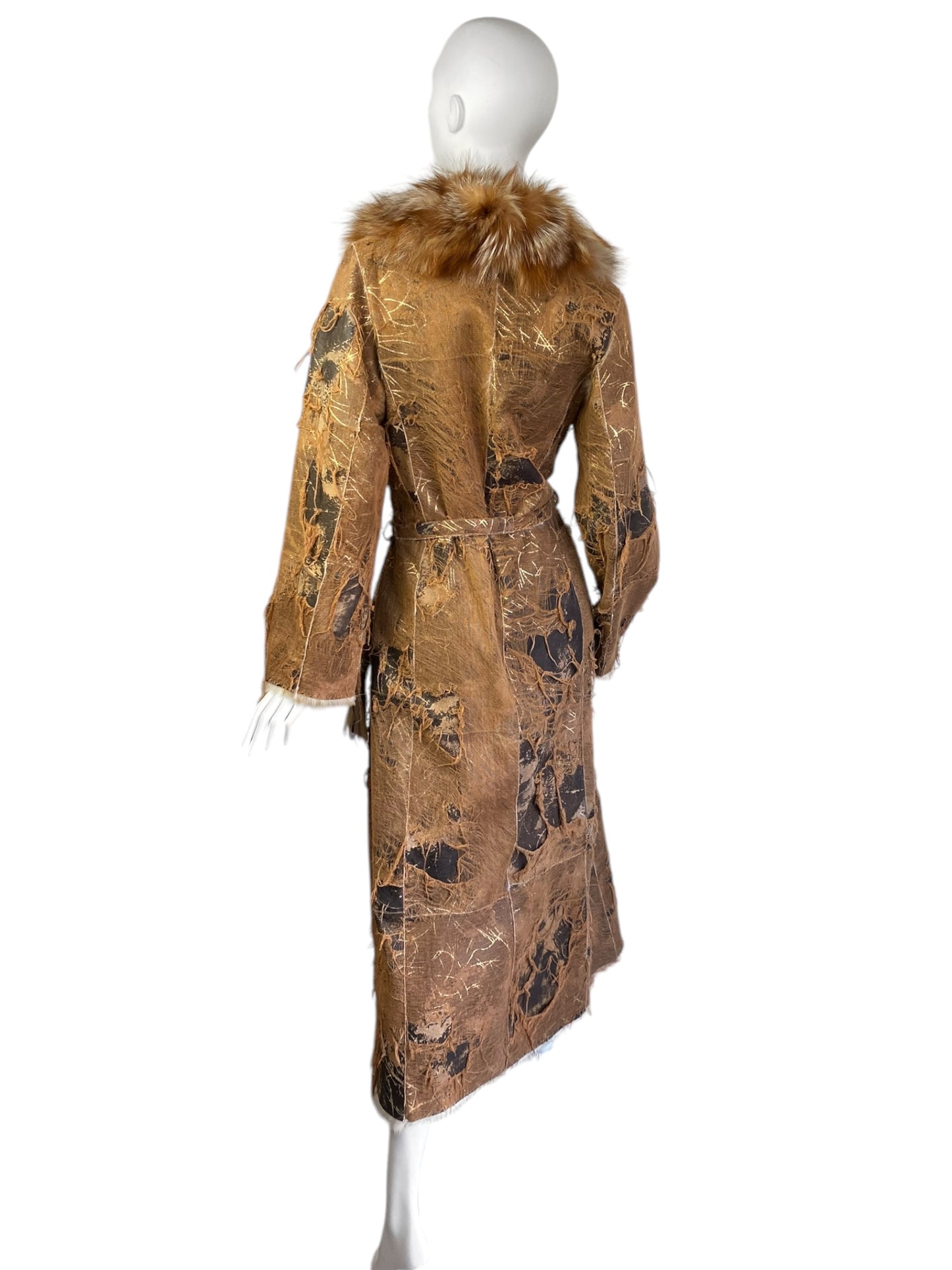 AMORETTI 2000s BROWN FOX FUR & GOLD LEAVES DISTRESSED COAT