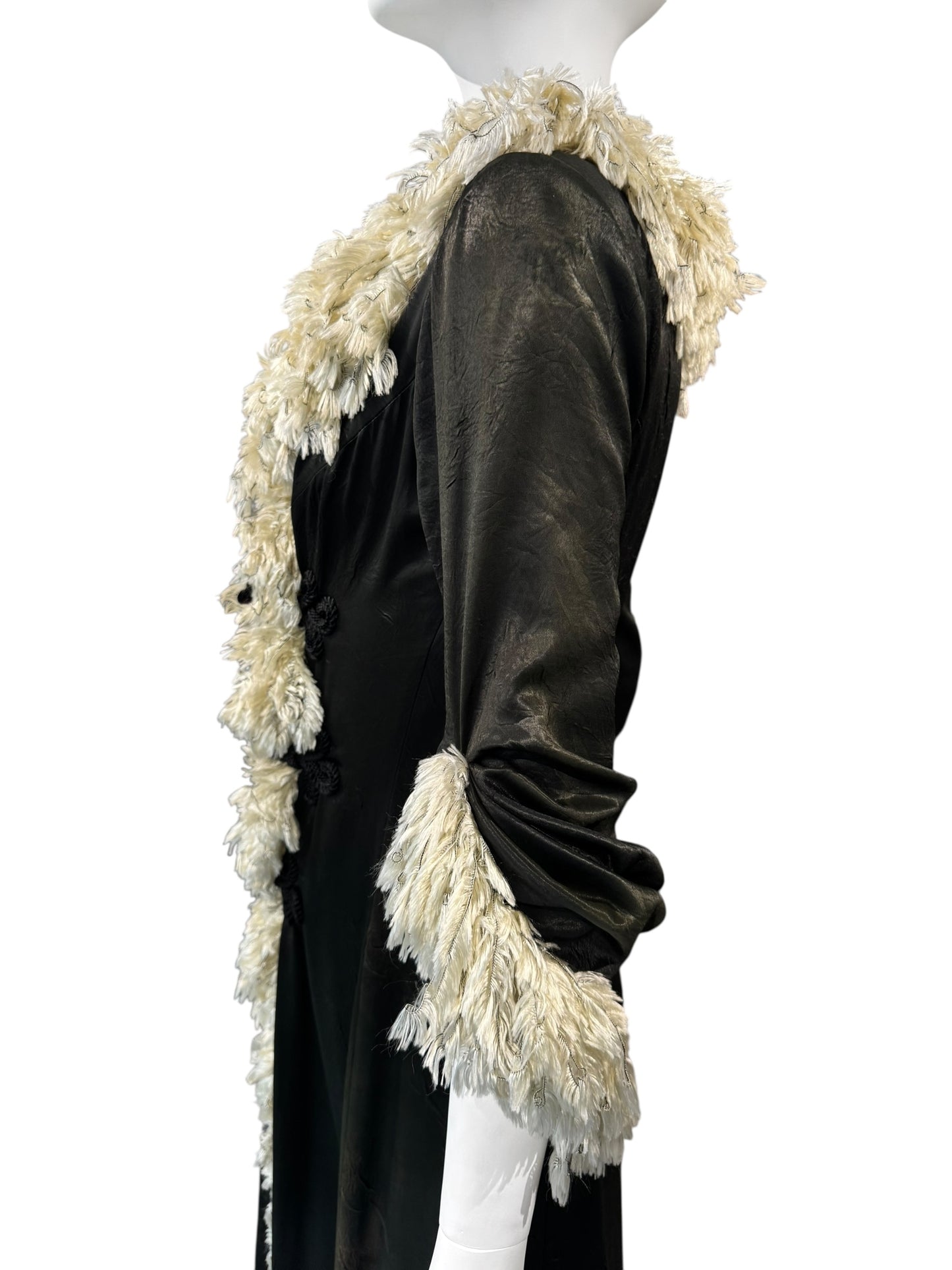 FAYÇAL AMOR FW1994 DARK GREEN FEATHERS COLLAR MAXI DRESS/COAT