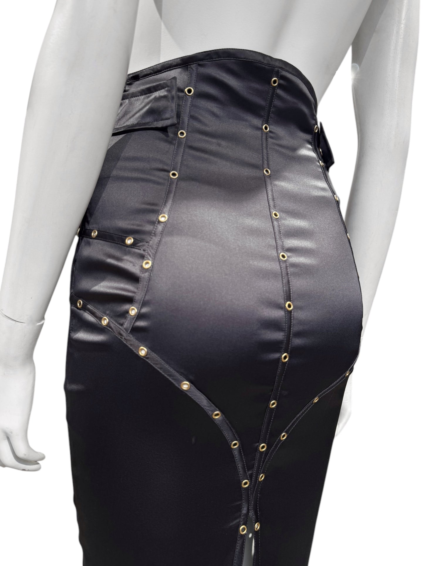 GUCCI FW2003 BY TOM FORD GREY SILK BLEND EYELET PENCIL SKIRT