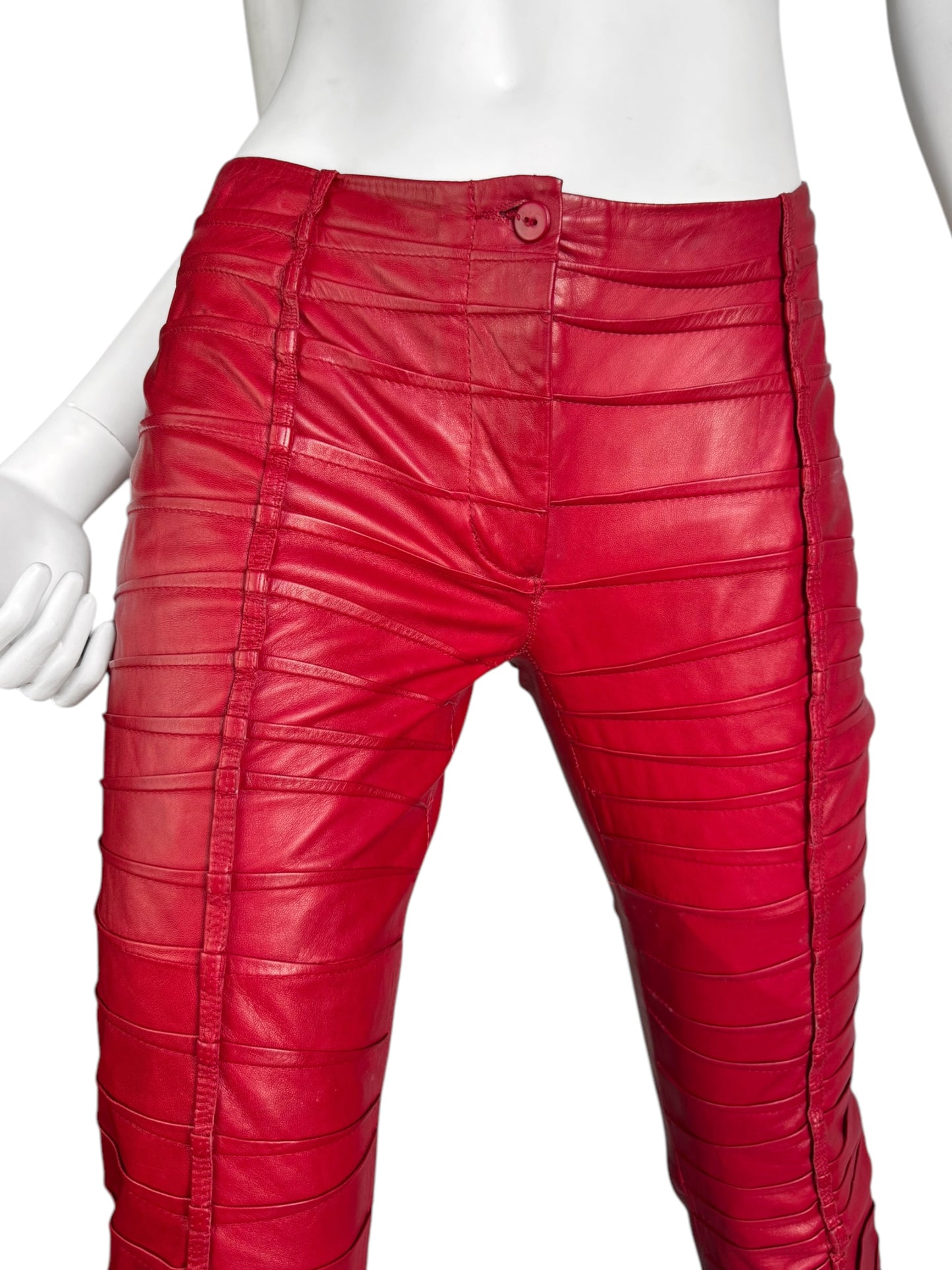 FAYÇAL AMOR SS2004 RED LAMB LEATHER DARTED 2P. SET (JACKET + PANTS)