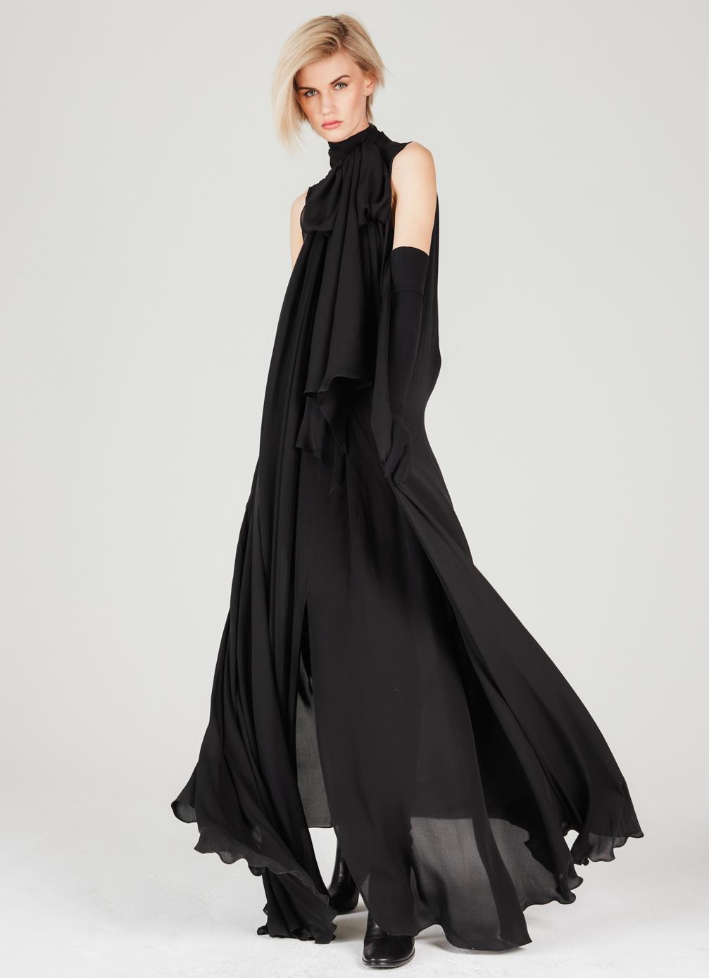 PLEIN SUD PRE-FALL 2014 BLACK SILK DRAPED MAXI DRESS