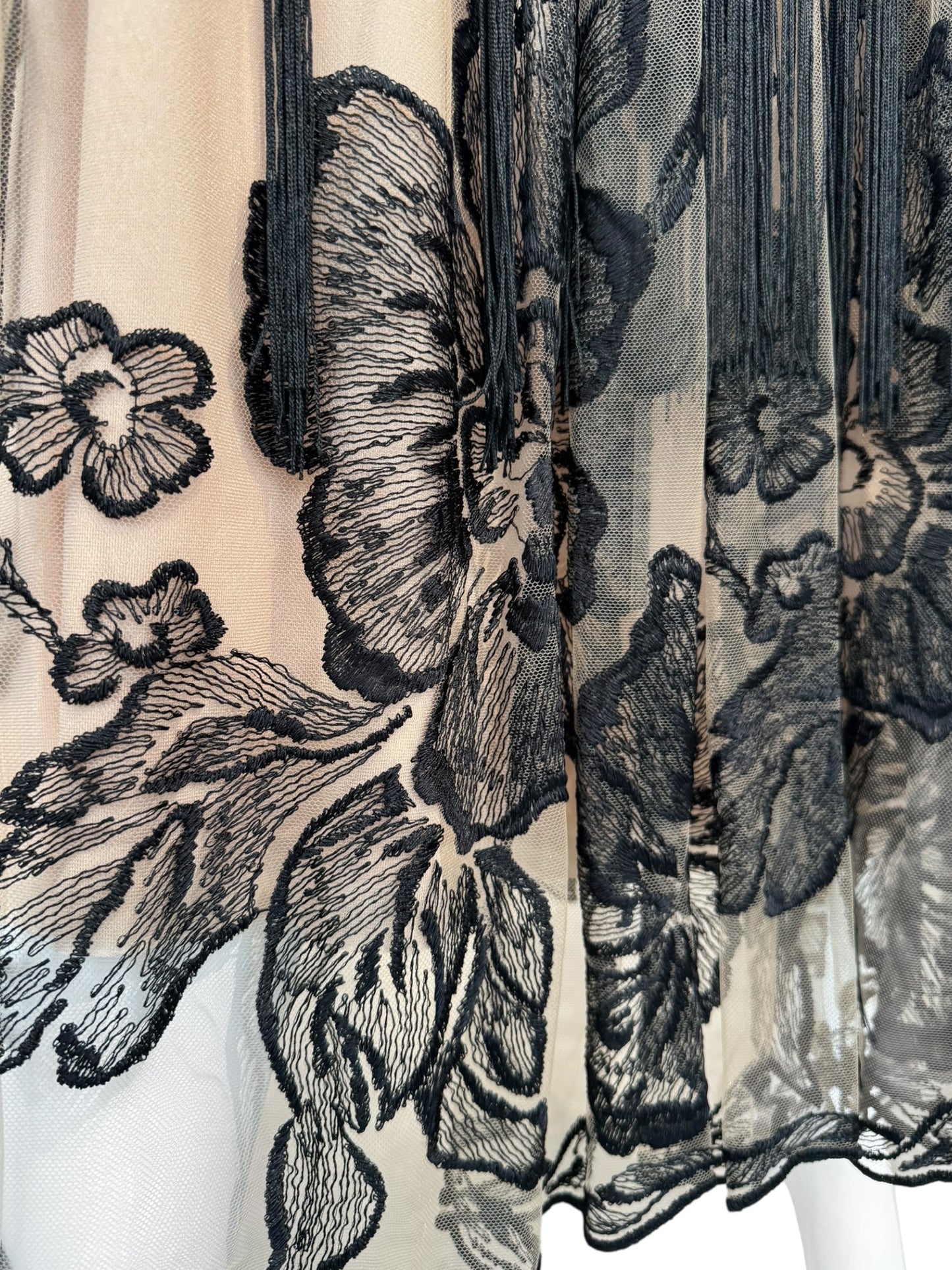 FAYÇAL AMOR 2019 BEIGE & BLACK FLORAL FRINGES MAXI DRESS
