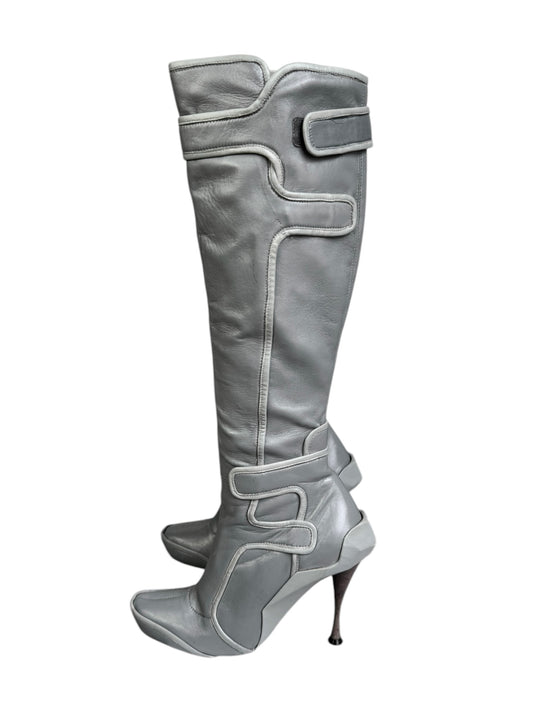CELINE FW2008 BY IVANA OMAZIC GREY LEATHER MOTO KNEE-HIGH BOOTS