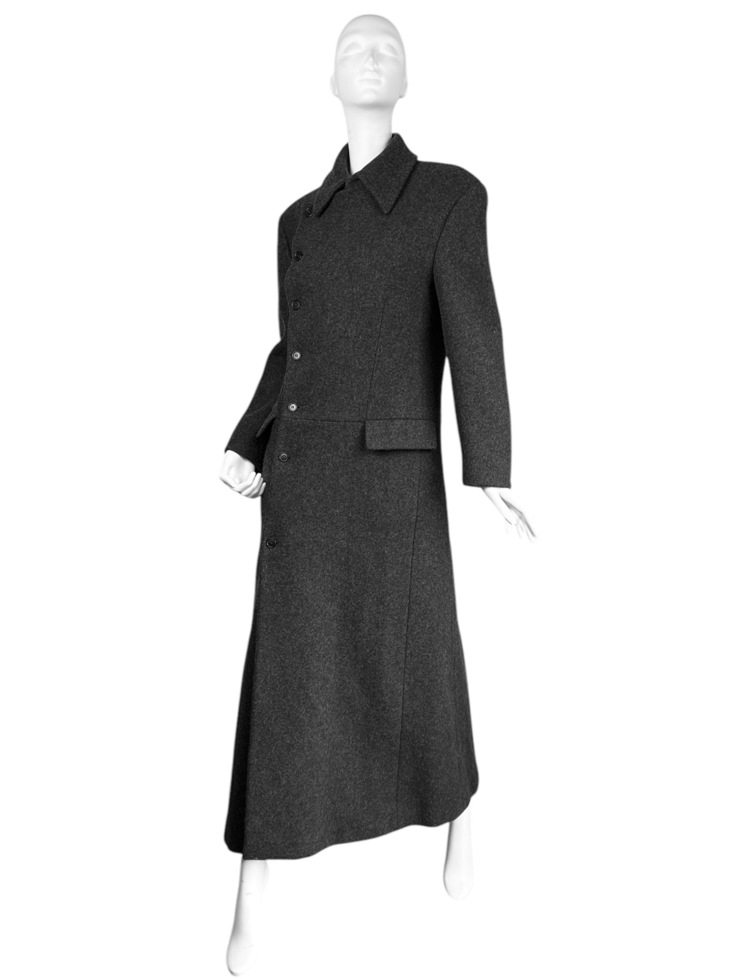 ALEXANDER MCQUEEN FW1999 «THE OVERLOOK» DARK GREY WOOL ASYMMETRICAL MAXI COAT