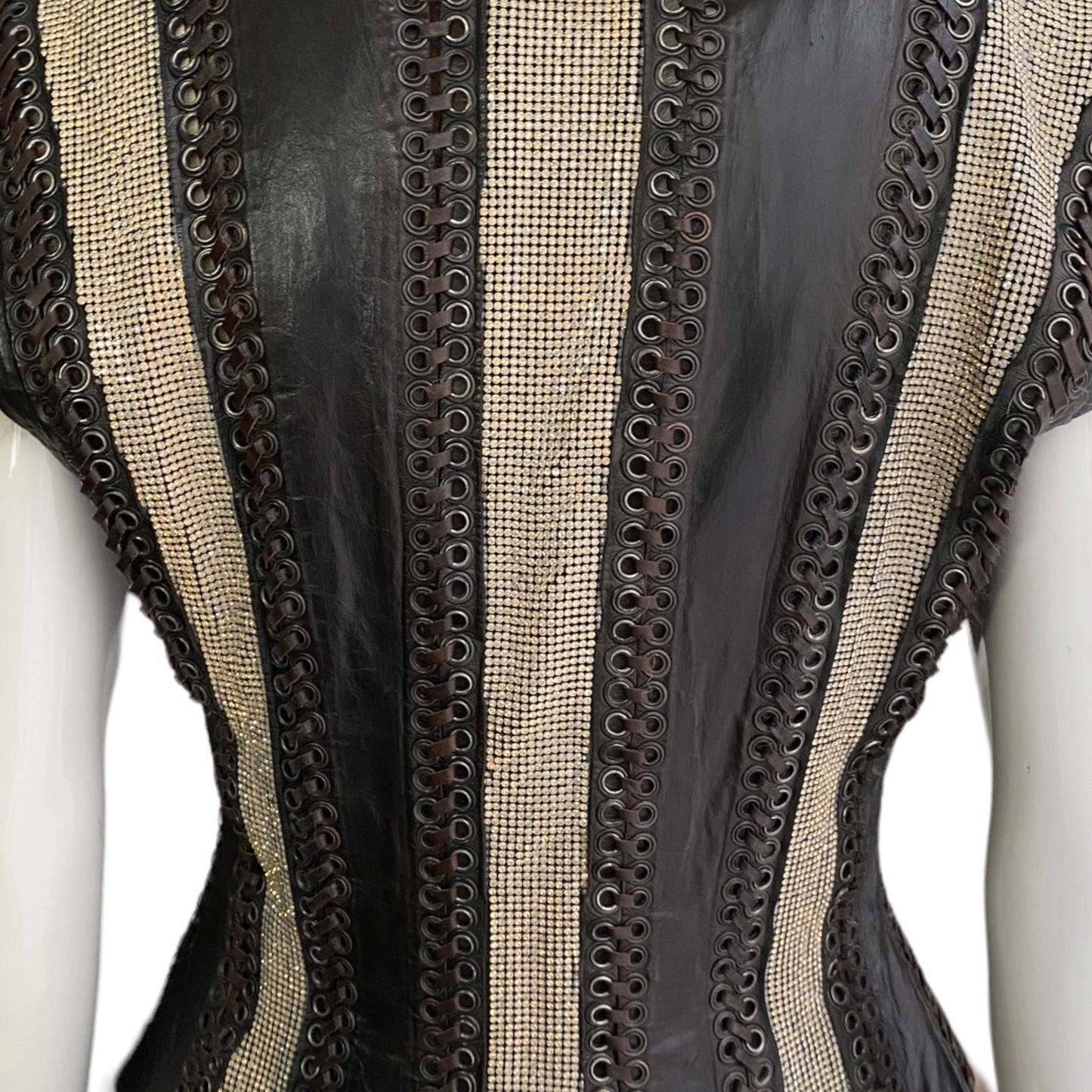 JEAN-PAUL GAULTIER FW2008 FOX FUR, LEATHER & RHINESTONES SLEEVELESS JACKET