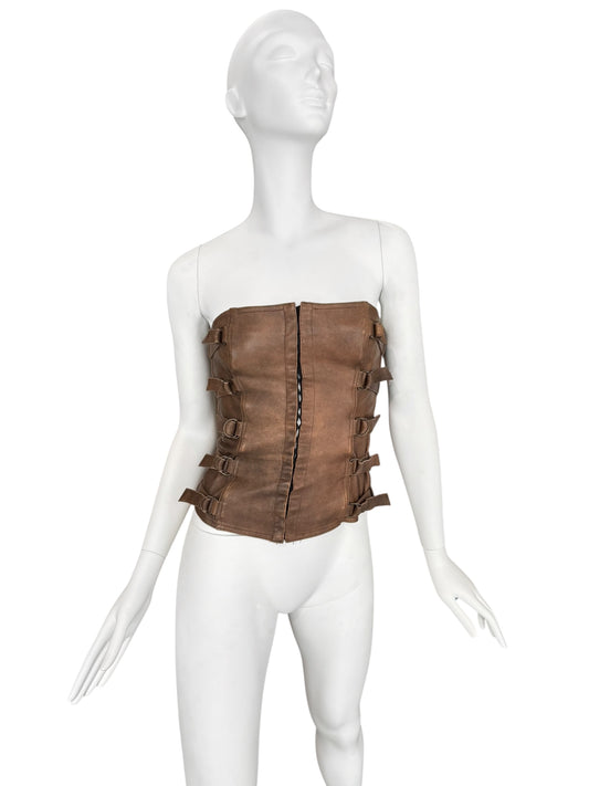 PLEIN SUD FW2001 BROWN LEATHER BONDAGE CORSET TOP
