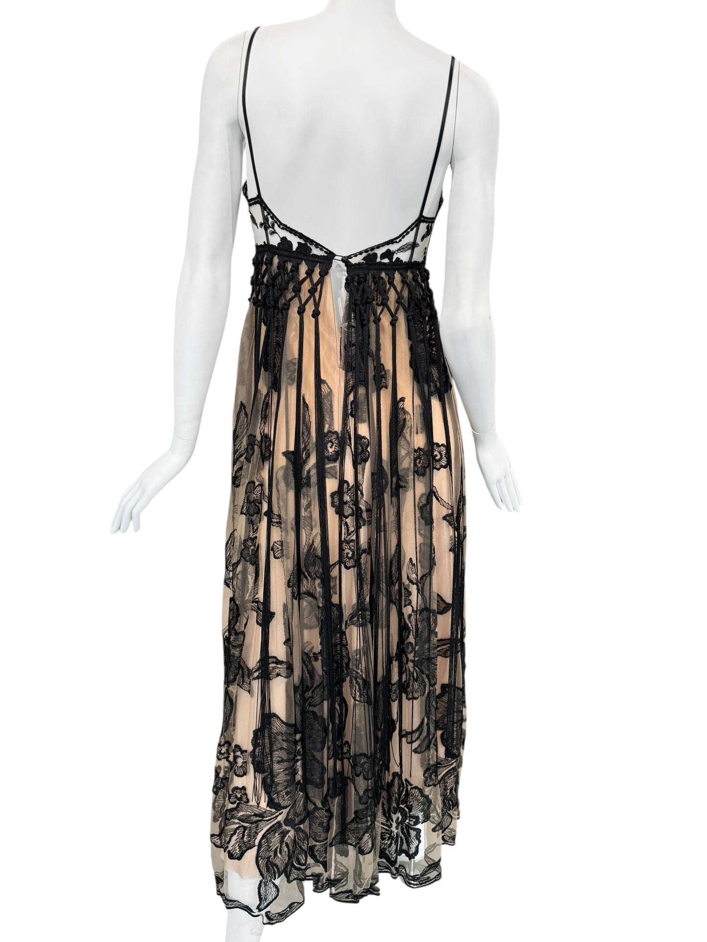 FAYÇAL AMOR 2019 BEIGE & BLACK FLORAL FRINGES MAXI DRESS