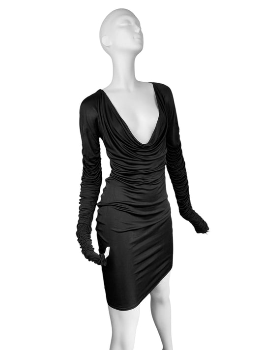 ALEXANDER MCQUEEN SS1996 «THE HUNGER» BLACK RUCHED SLEEVES DRAPED DRESS