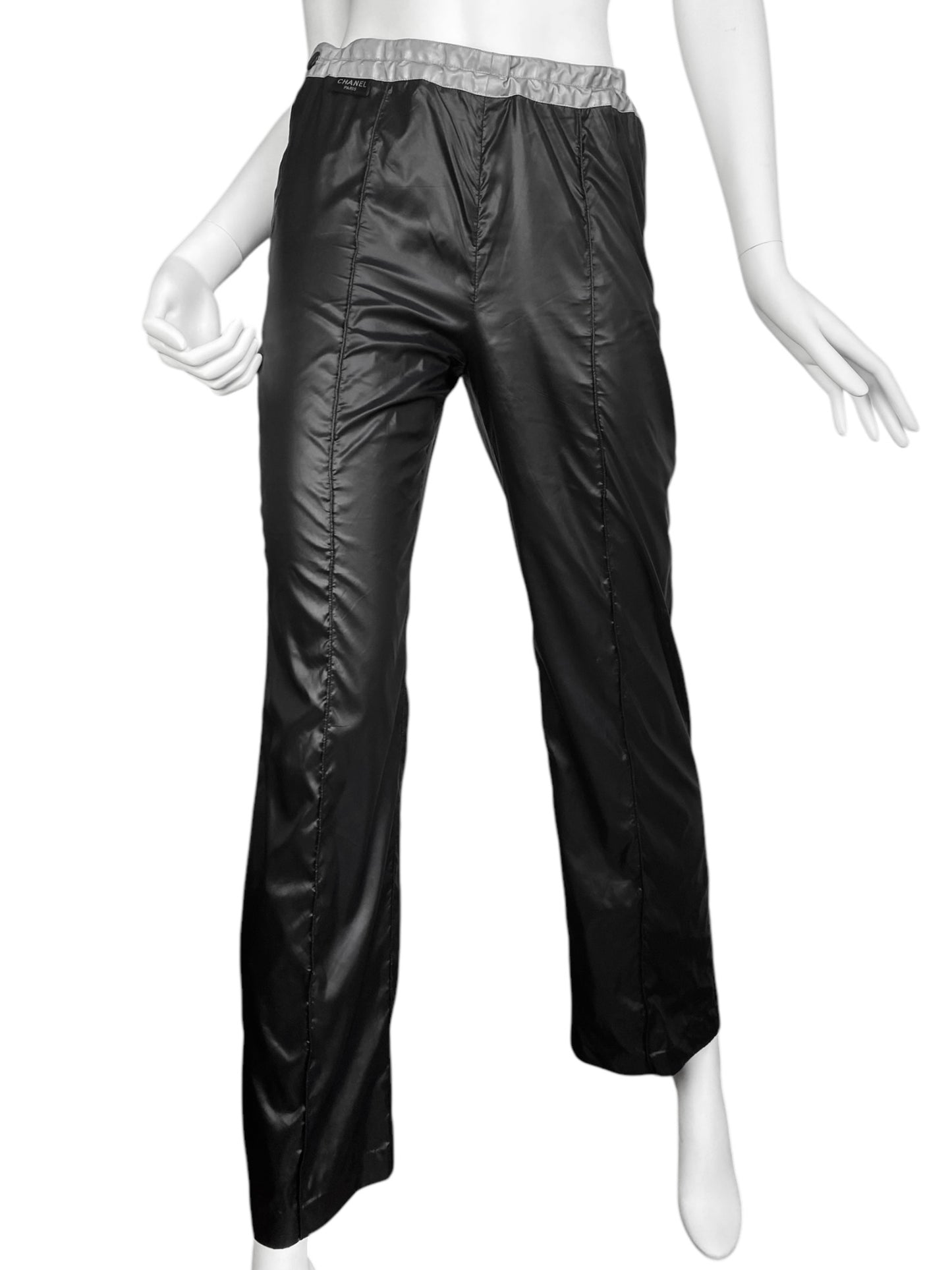 CHANEL SS1999 BY KARL LAGERFELD BLACK NYLON REFLECTIVE HEM WIDE PANTS