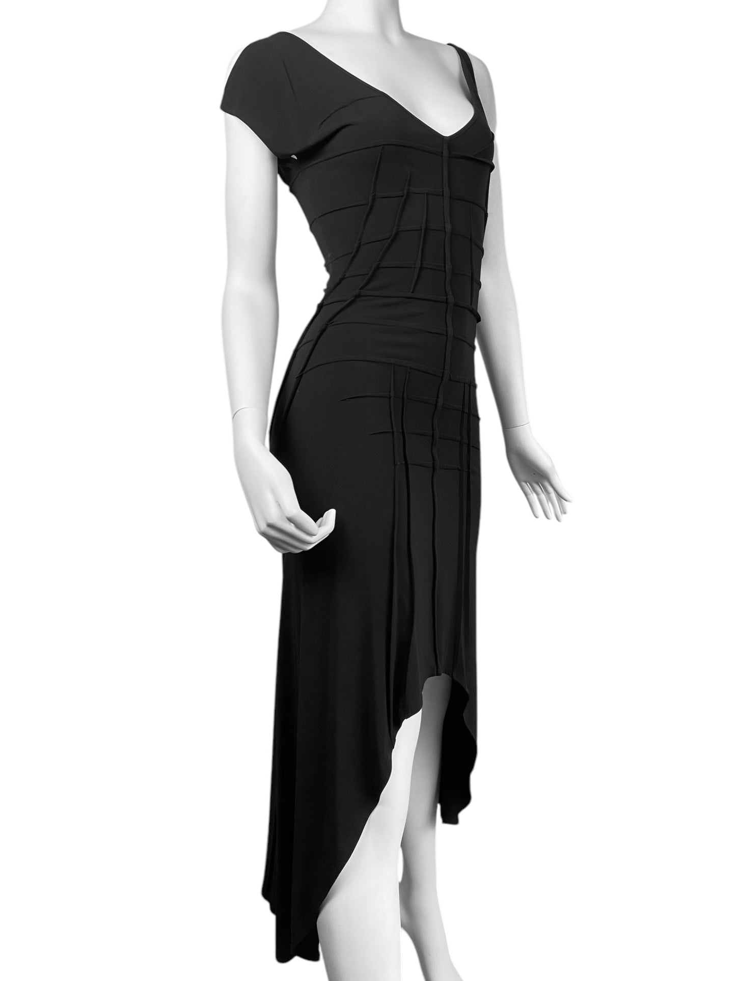 FAYÇAL AMOR SS2004 BLACK ASYMMETRICAL NECKLINE DARTED DRESS
