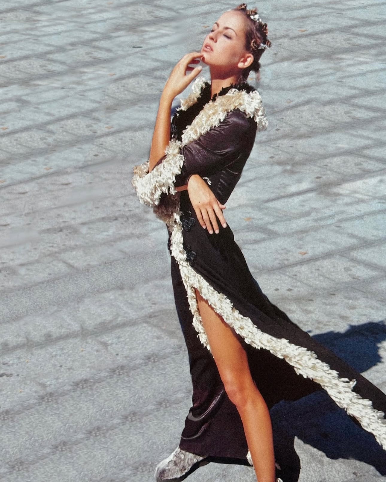 FAYÇAL AMOR FW1994 DARK GREEN FEATHERS COLLAR MAXI DRESS/COAT