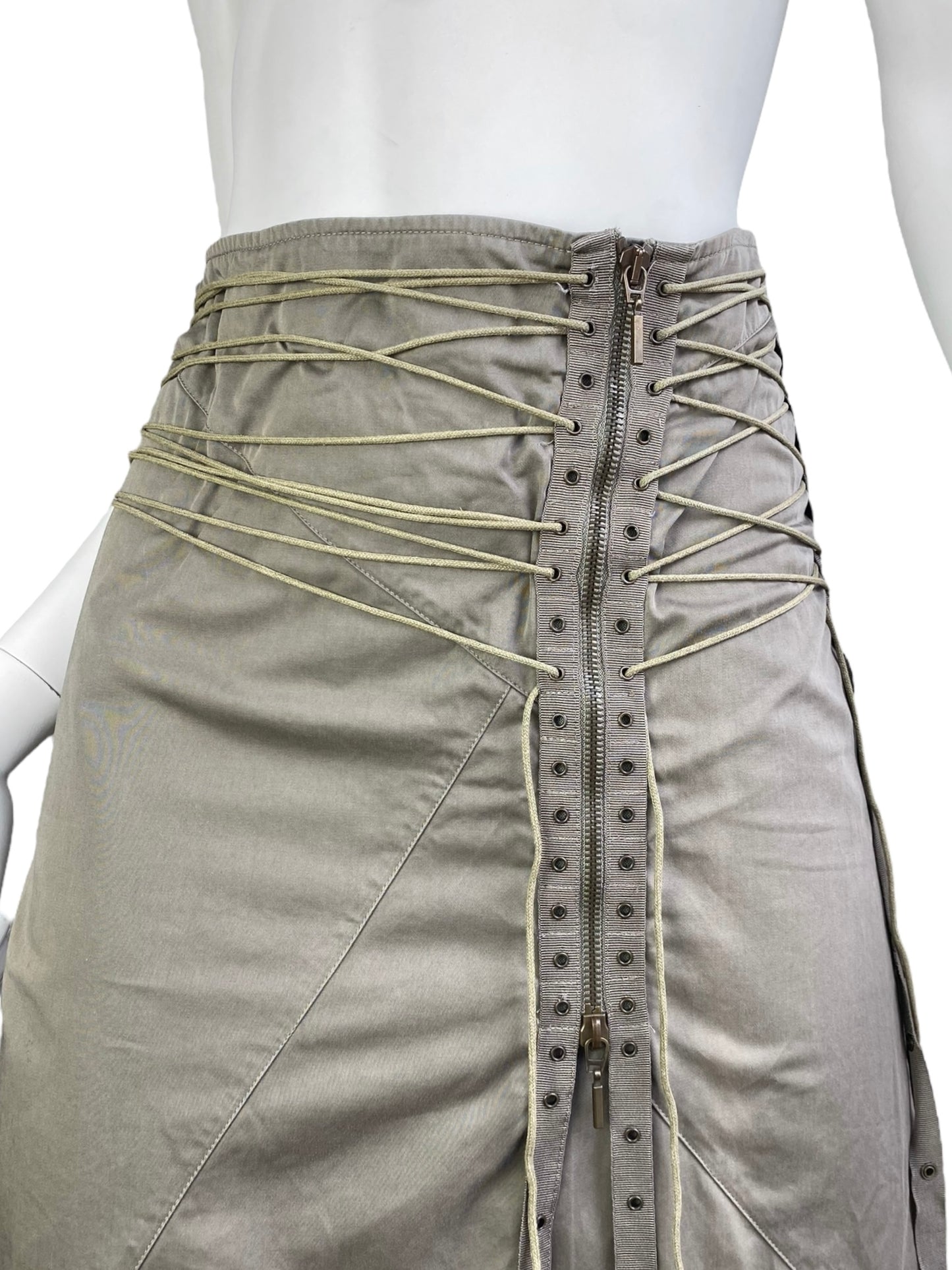 PLEIN SUD SS2003 KHAKI LACE-UP BONDAGE MIDI SKIRT