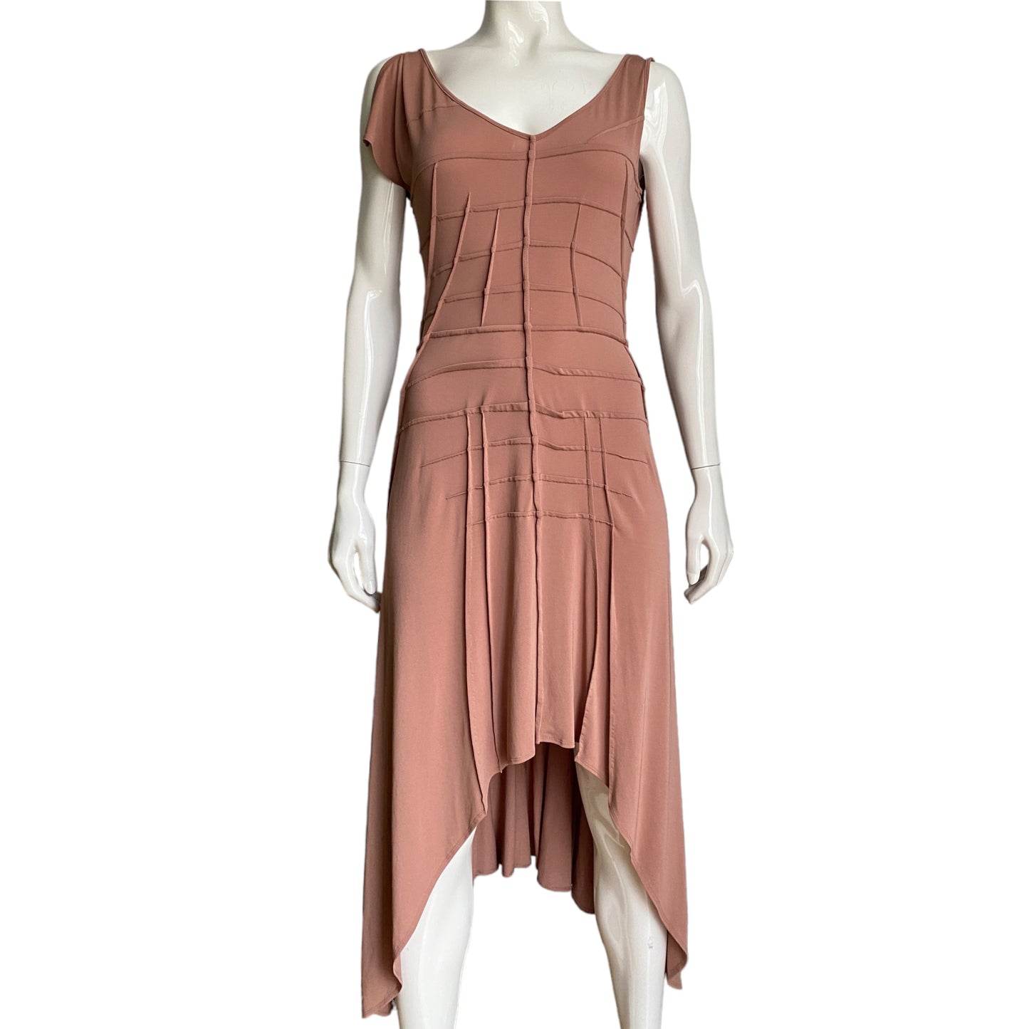FAYÇAL AMOR SS2004 PINKY NUDE ASYMMETRICAL NECKLINE DARTED DRESS