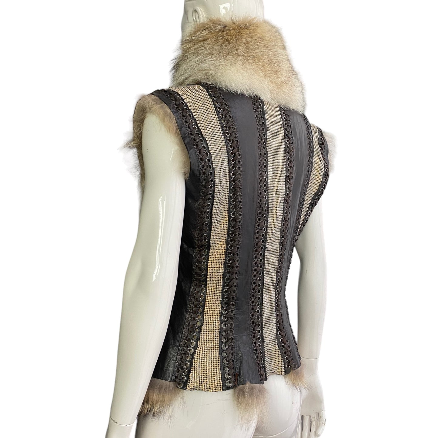 JEAN-PAUL GAULTIER FW2008 FOX FUR, LEATHER & RHINESTONES SLEEVELESS JACKET