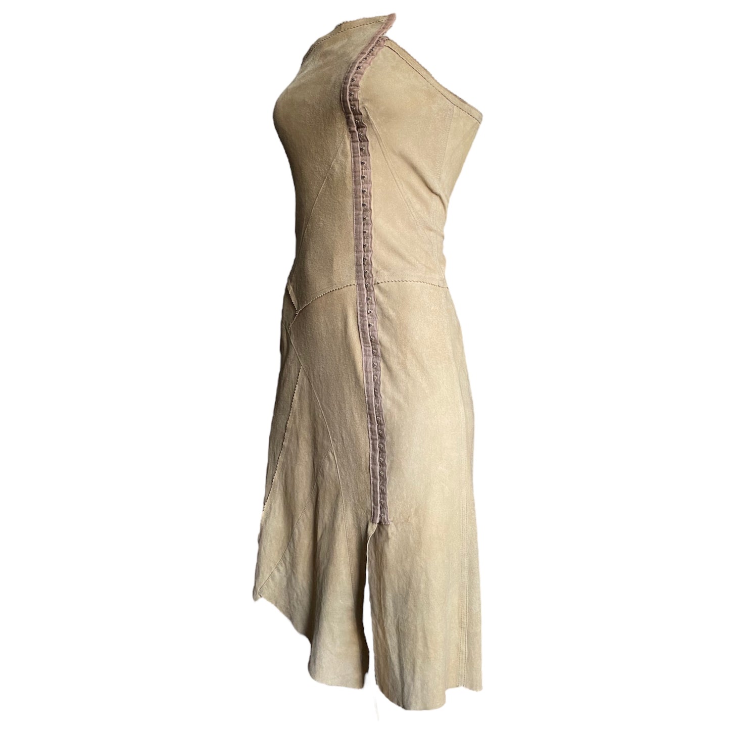 PLEIN SUD SS2003 BEIGE LEATHER PATCHWORK HOOKED BUSTIER DRESS