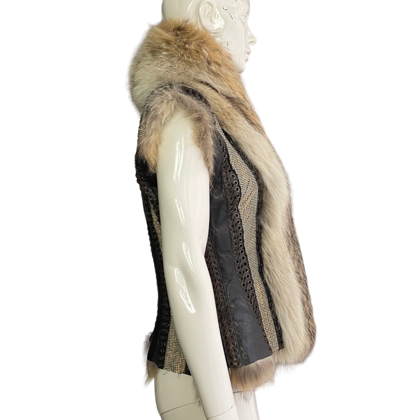 JEAN-PAUL GAULTIER FW2008 FOX FUR, LEATHER & RHINESTONES SLEEVELESS JACKET