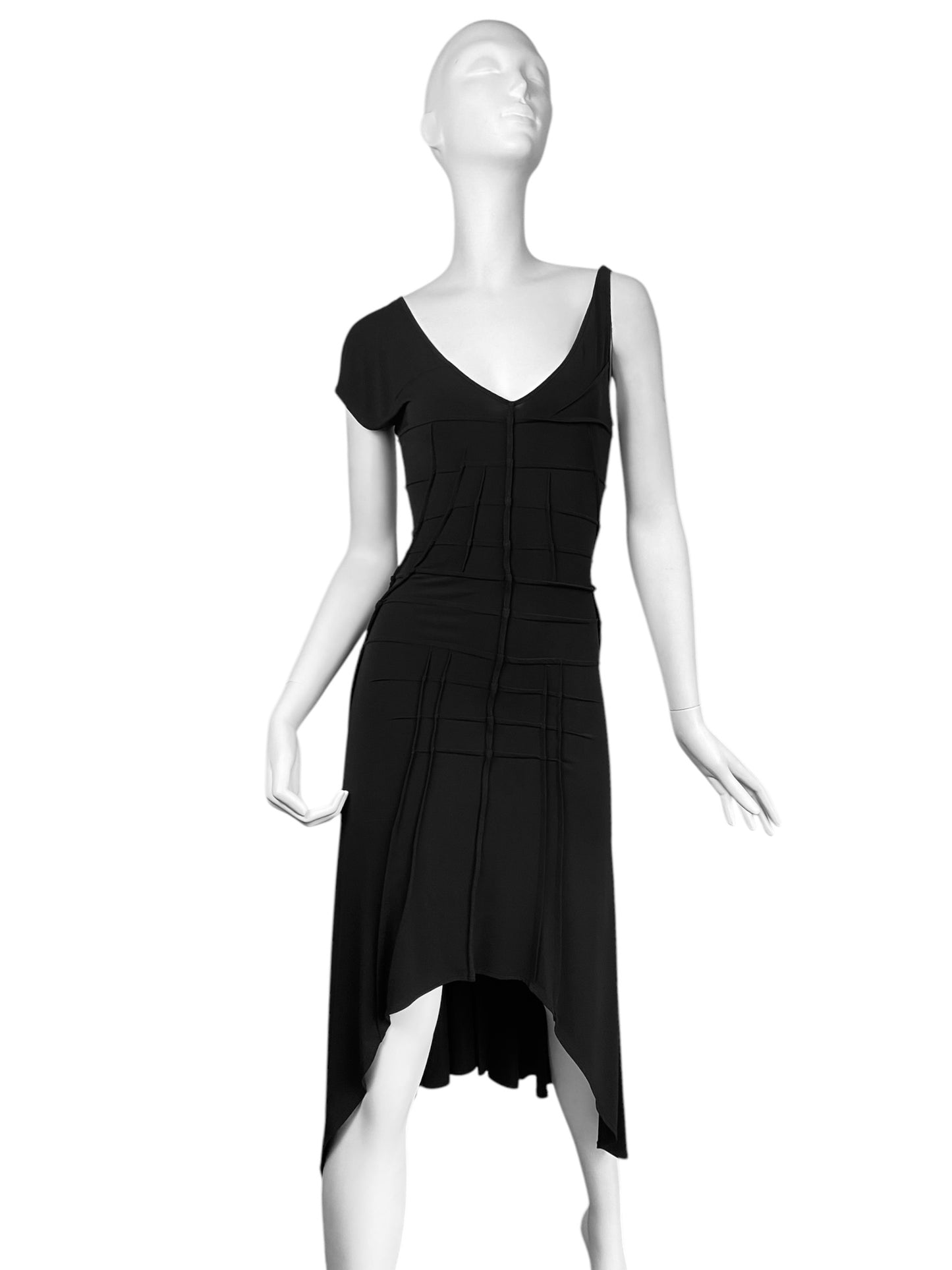 FAYÇAL AMOR SS2004 BLACK ASYMMETRICAL NECKLINE DARTED DRESS
