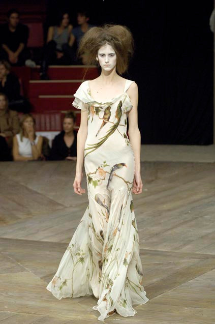 ALEXANDER MCQUEEN SS2007 «SARABANDE» BEIGE SILK BIRDS PRINT ASYMMETRICAL TANK TOP