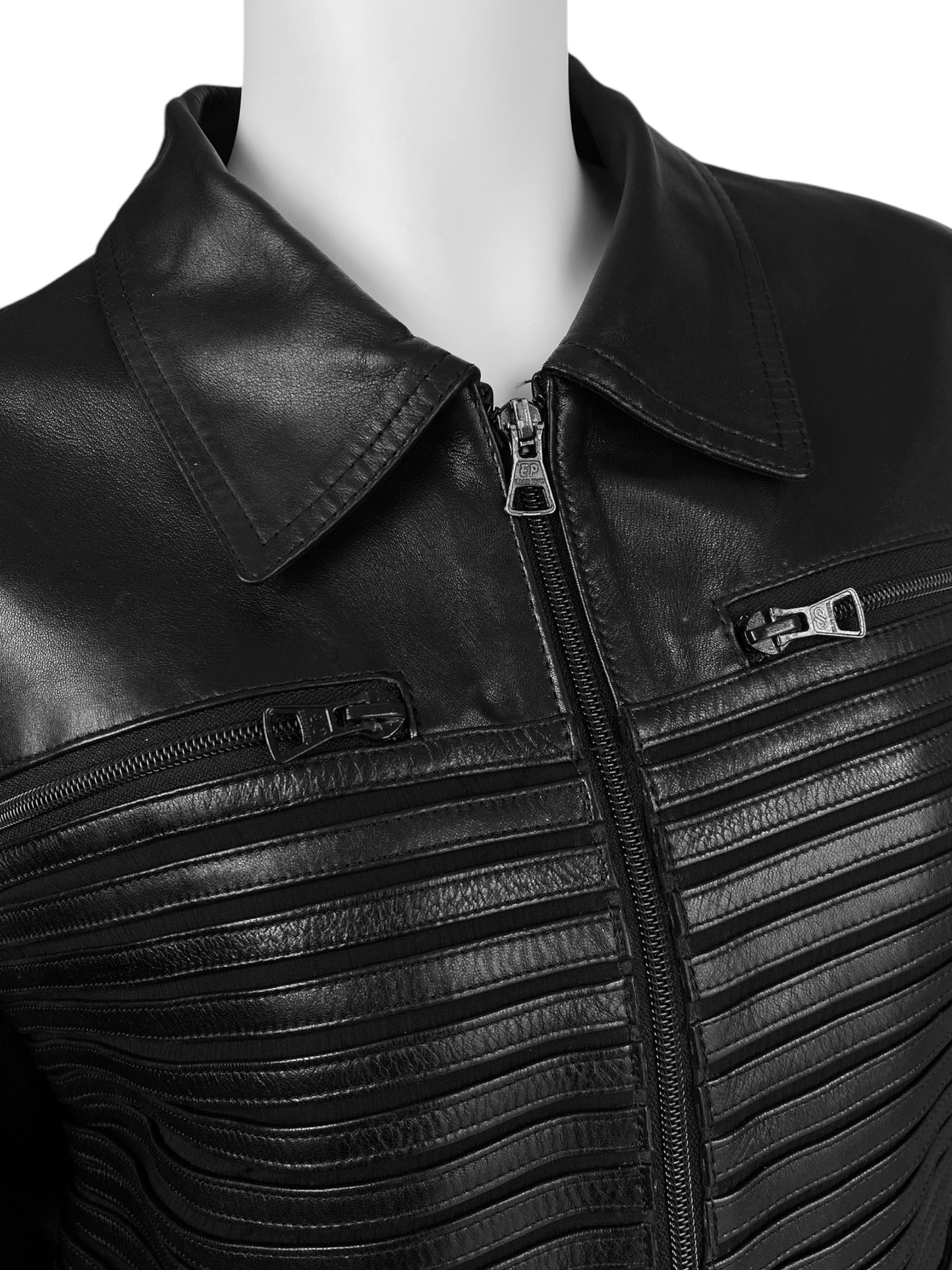 JITROIS 1999 BLACK LEATHER & SILK HORIZONTAL STRAPS ZIP JACKET