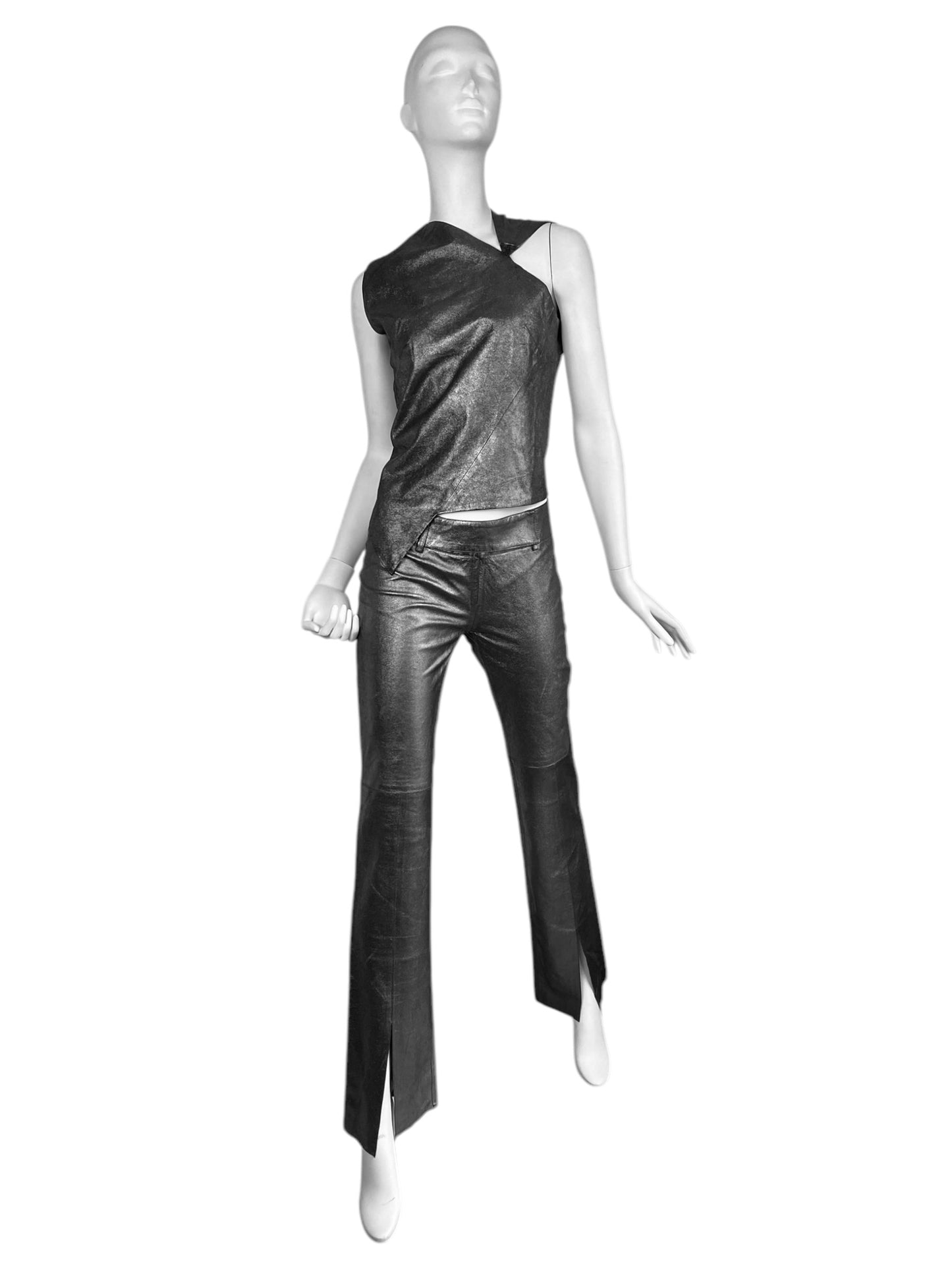 PLEIN SUD 1990s METALLIC GREY LEATHER PANTS