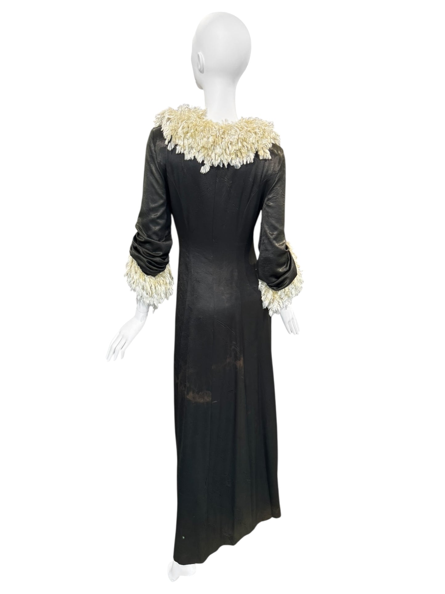 FAYÇAL AMOR FW1994 DARK GREEN FEATHERS COLLAR MAXI DRESS/COAT