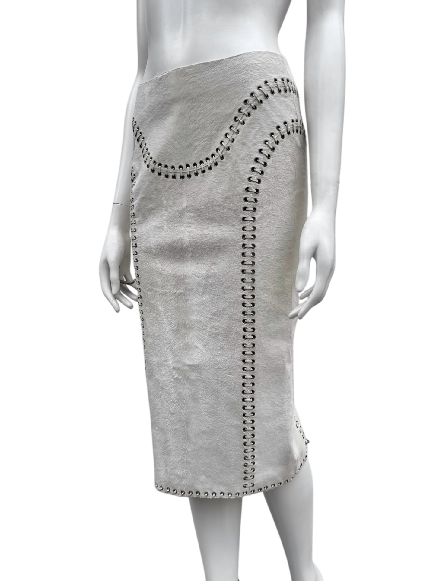 ALEXANDER MCQUEEN PRE-FALL 2010 WHITE PONY HAIR LACE-UP MIDI SKIRT