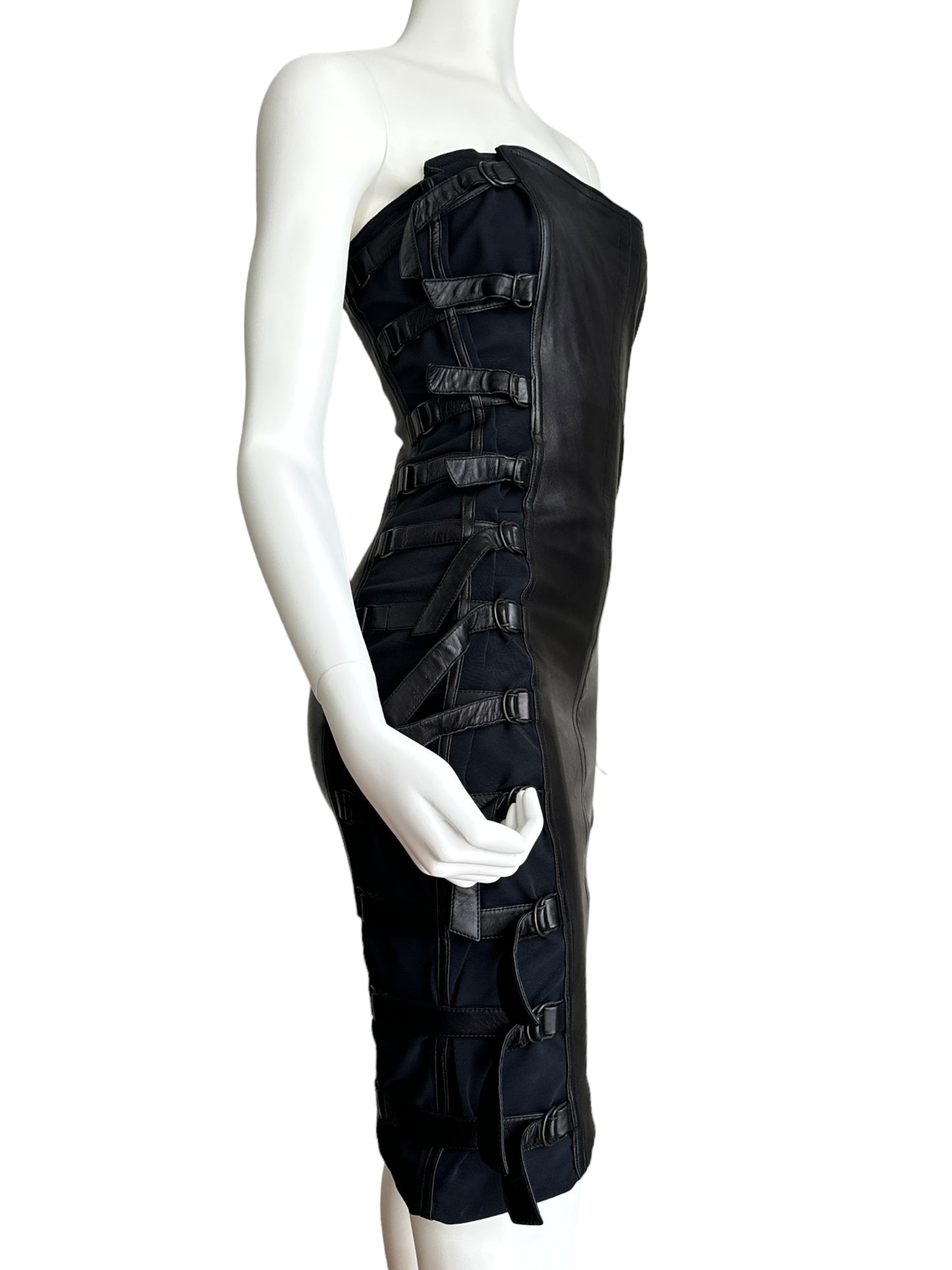 PLEIN SUD FW2001 BLACK LEATHER BONDAGE BUSTIER MINI DRESS