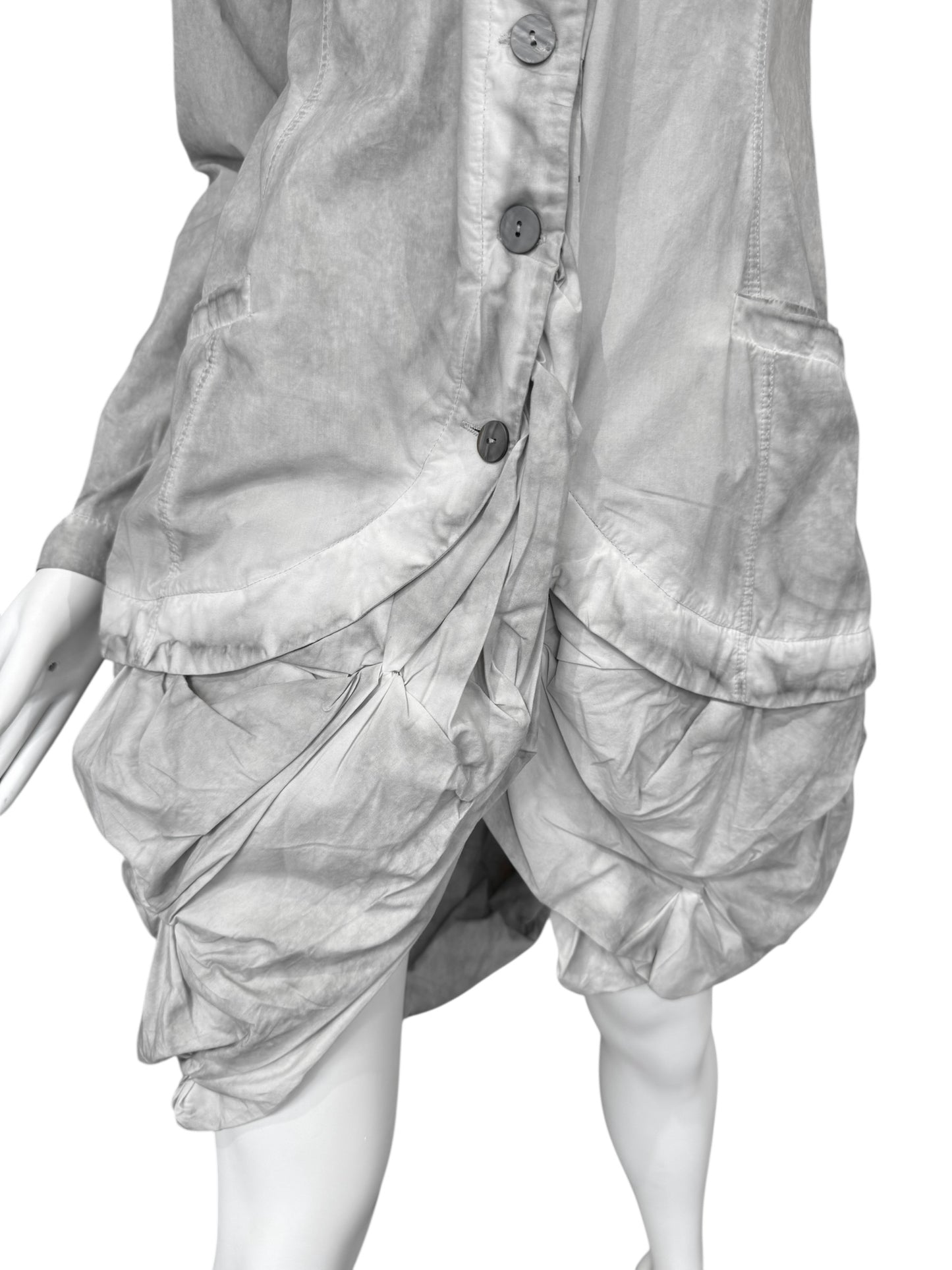 Y’S YOHJI YAMAMOTO 2000s GREY RUSHED DRAPED HEM LIGHTWEIGHT COAT