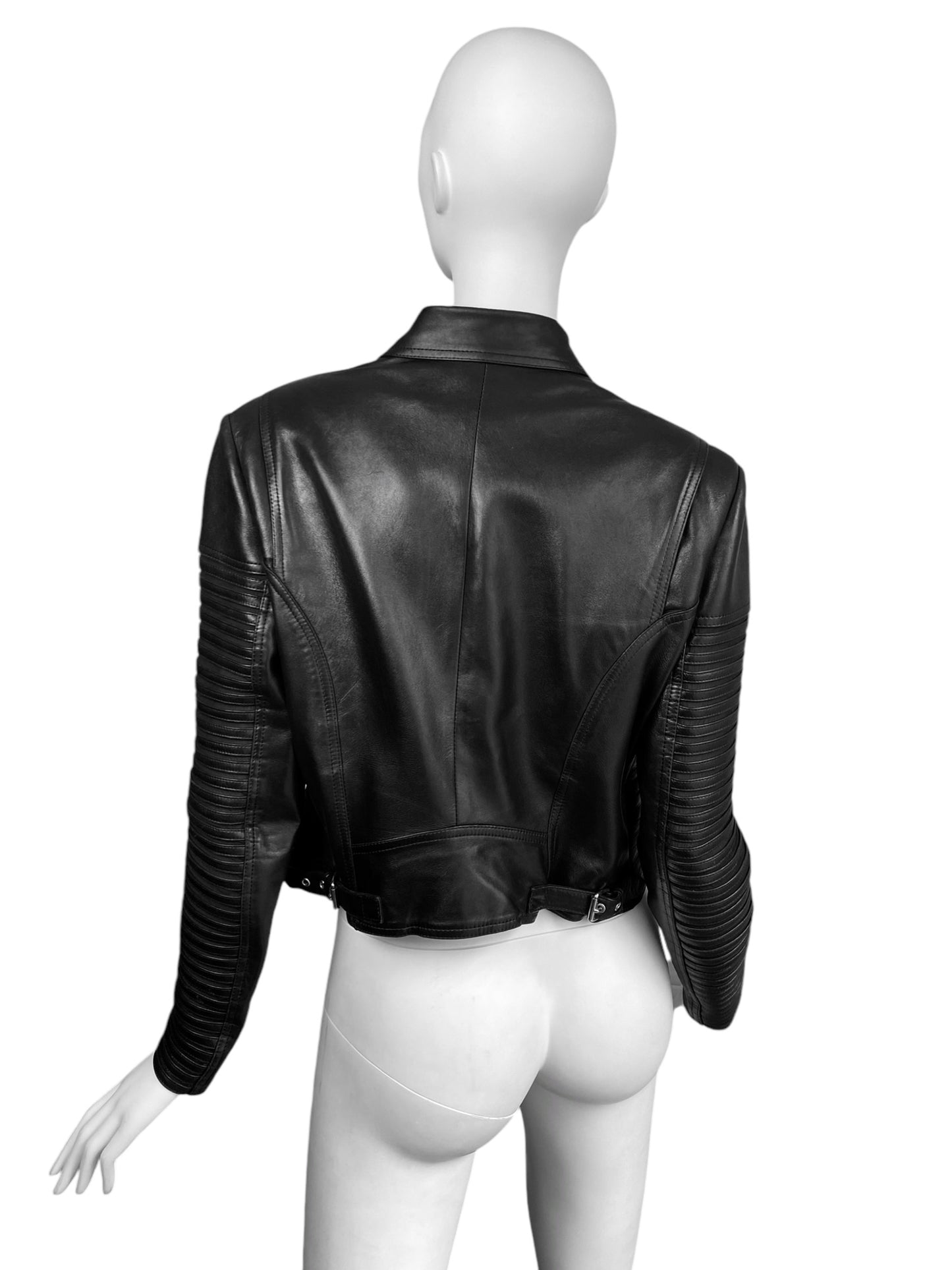 JITROIS 1999 BLACK LEATHER & SILK HORIZONTAL STRAPS ZIP JACKET
