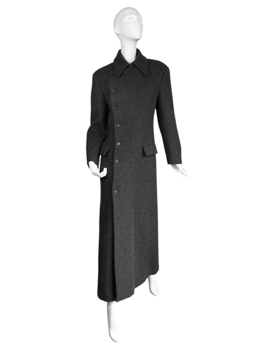ALEXANDER MCQUEEN FW1999 «THE OVERLOOK» DARK GREY WOOL ASYMMETRICAL MAXI COAT