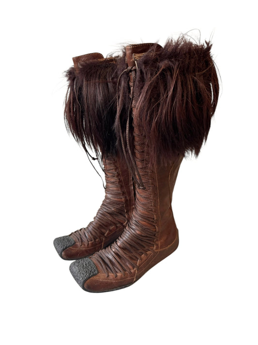 DIOR FW2002 BY GALLIANO BROWN LEATHER & FUR LACE-UP BOOTS
