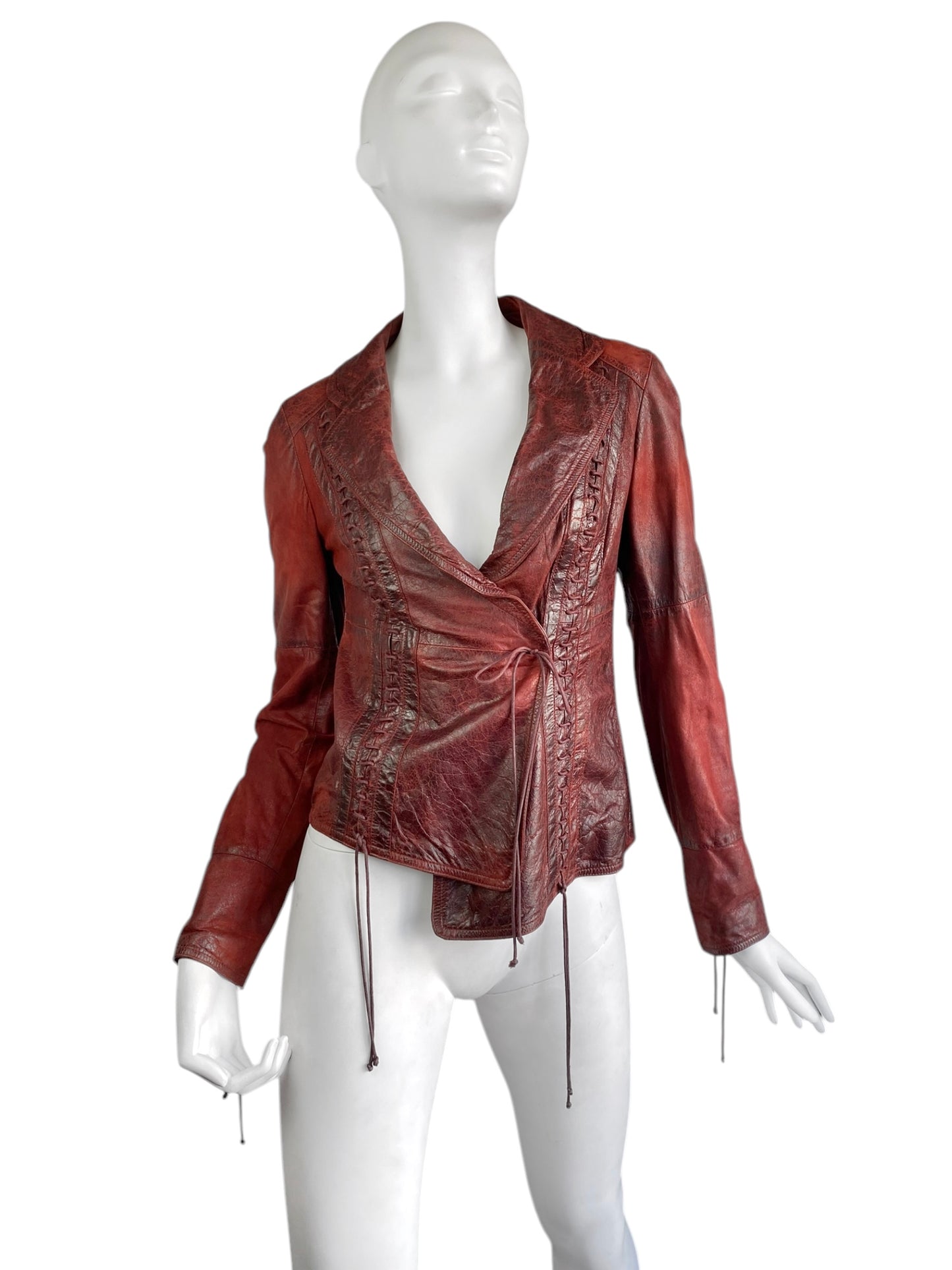 PLEIN SUD FW2002 RED DISTRESSED LEATHER LACE-UP JACKET