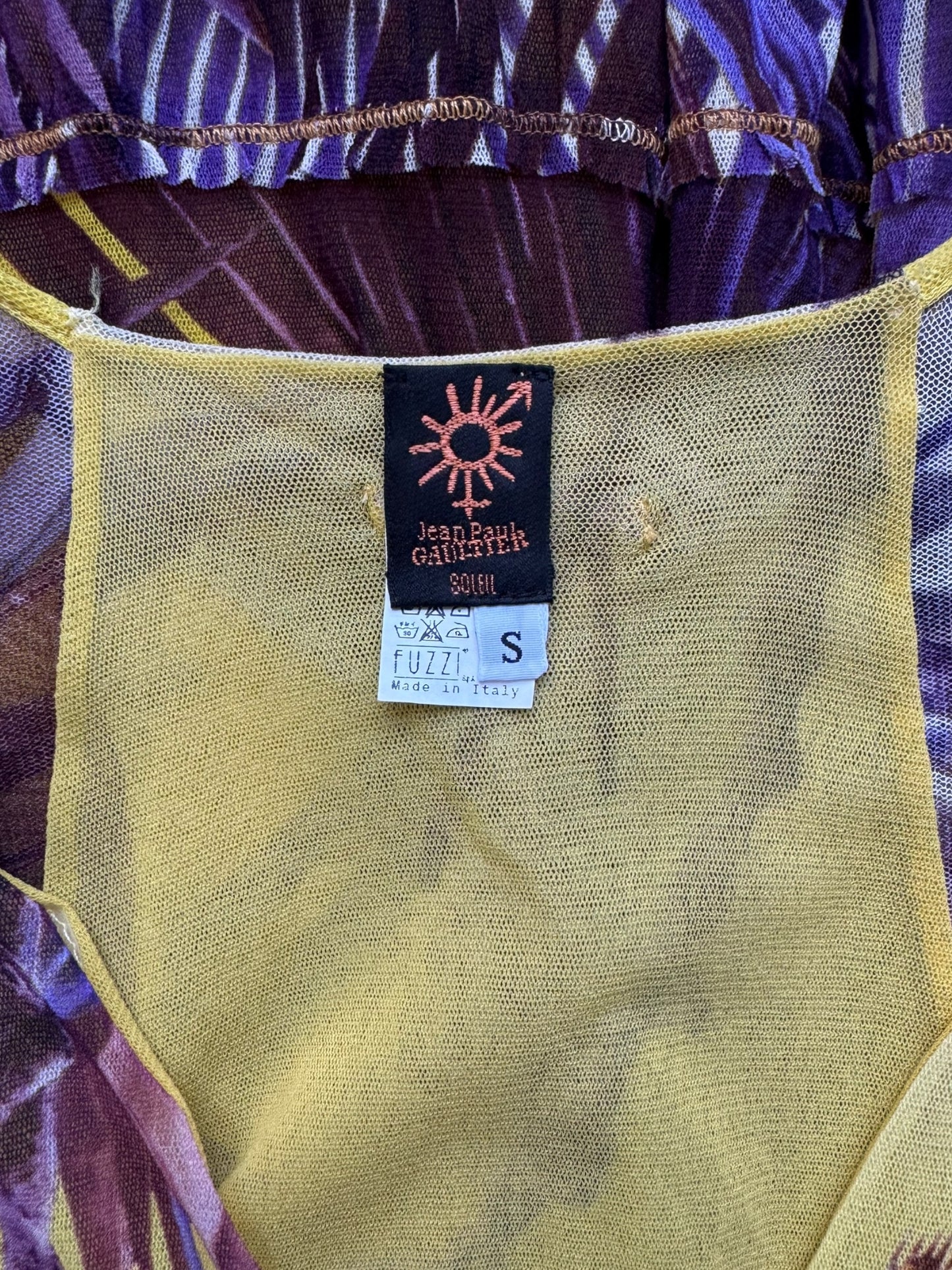 JEAN PAUL GAULTIER 2000s YELLOW & PURPLE MESH TROPICAL PRINT MIDI DRESS