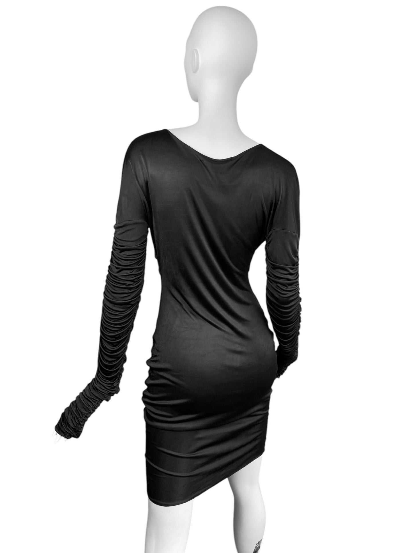 ALEXANDER MCQUEEN SS1996 «THE HUNGER» BLACK RUCHED SLEEVES DRAPED DRESS