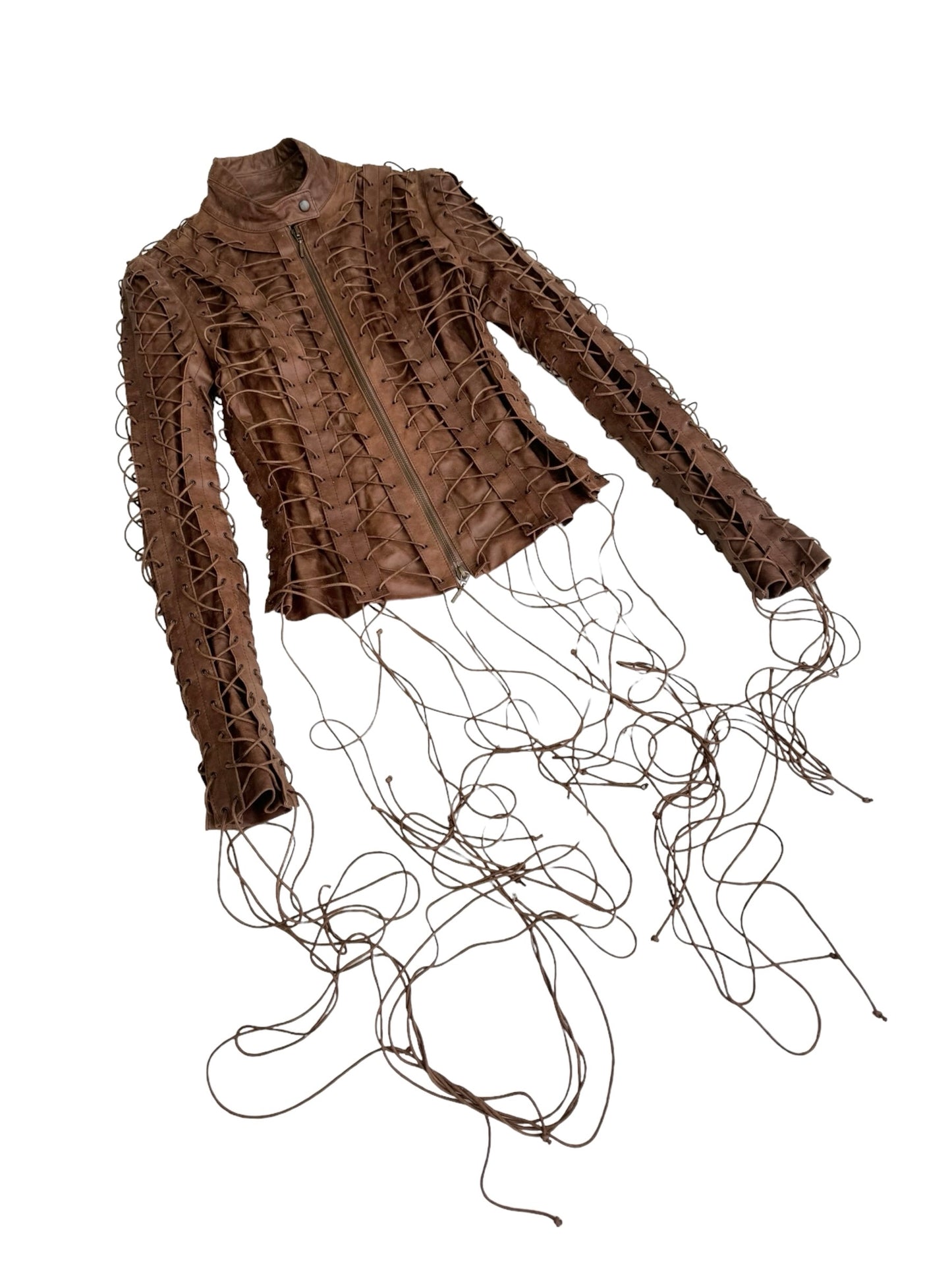 PLEIN SUD FW2002 BROWN LEATHER LACE-UP CAGE JACKET