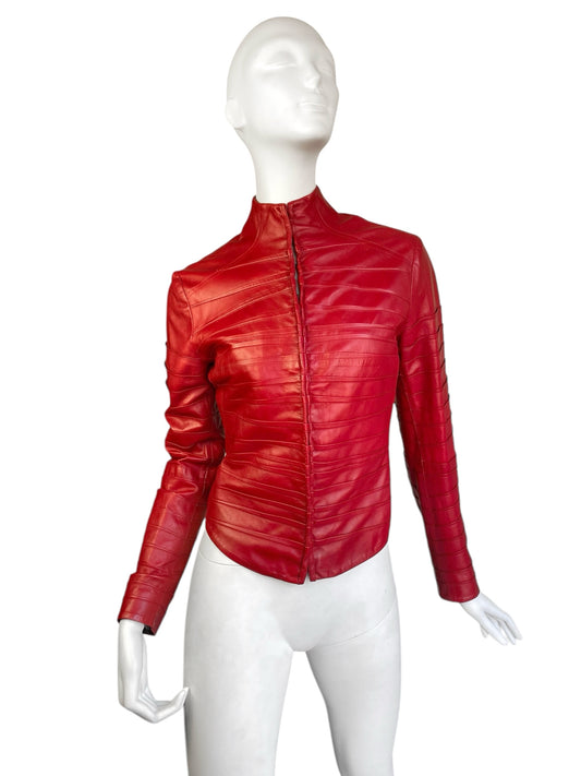 FAYÇAL AMOR SS2004 RED LAMB LEATHER DARTED JACKET