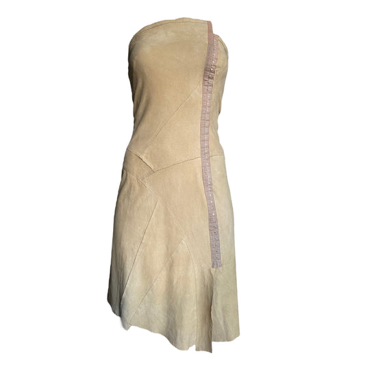 PLEIN SUD SS2003 BEIGE LEATHER PATCHWORK HOOKED BUSTIER DRESS