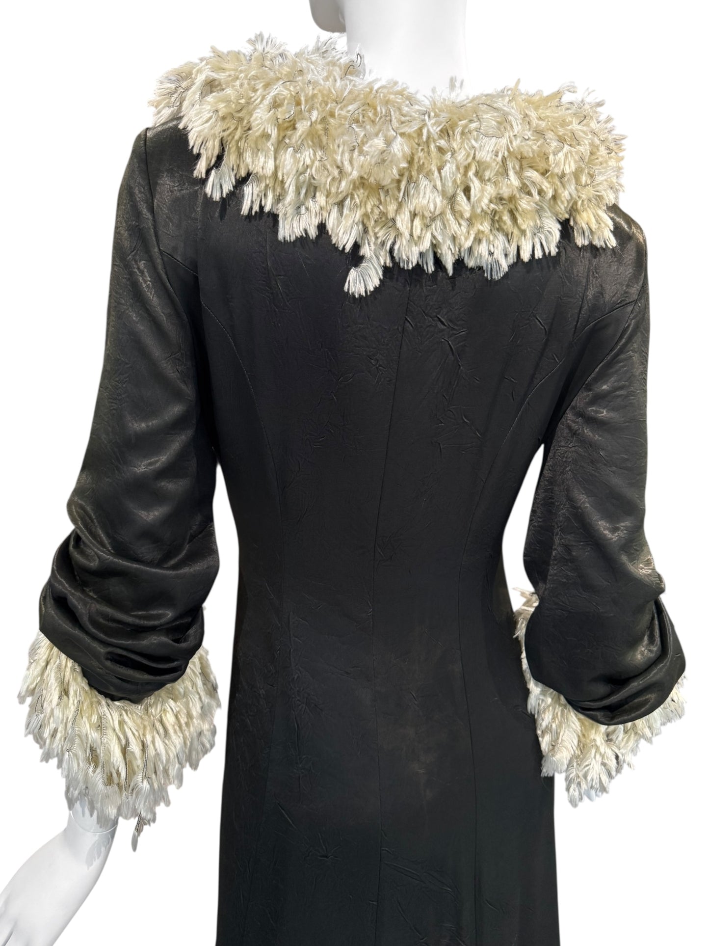 FAYÇAL AMOR FW1994 DARK GREEN FEATHERS COLLAR MAXI DRESS/COAT
