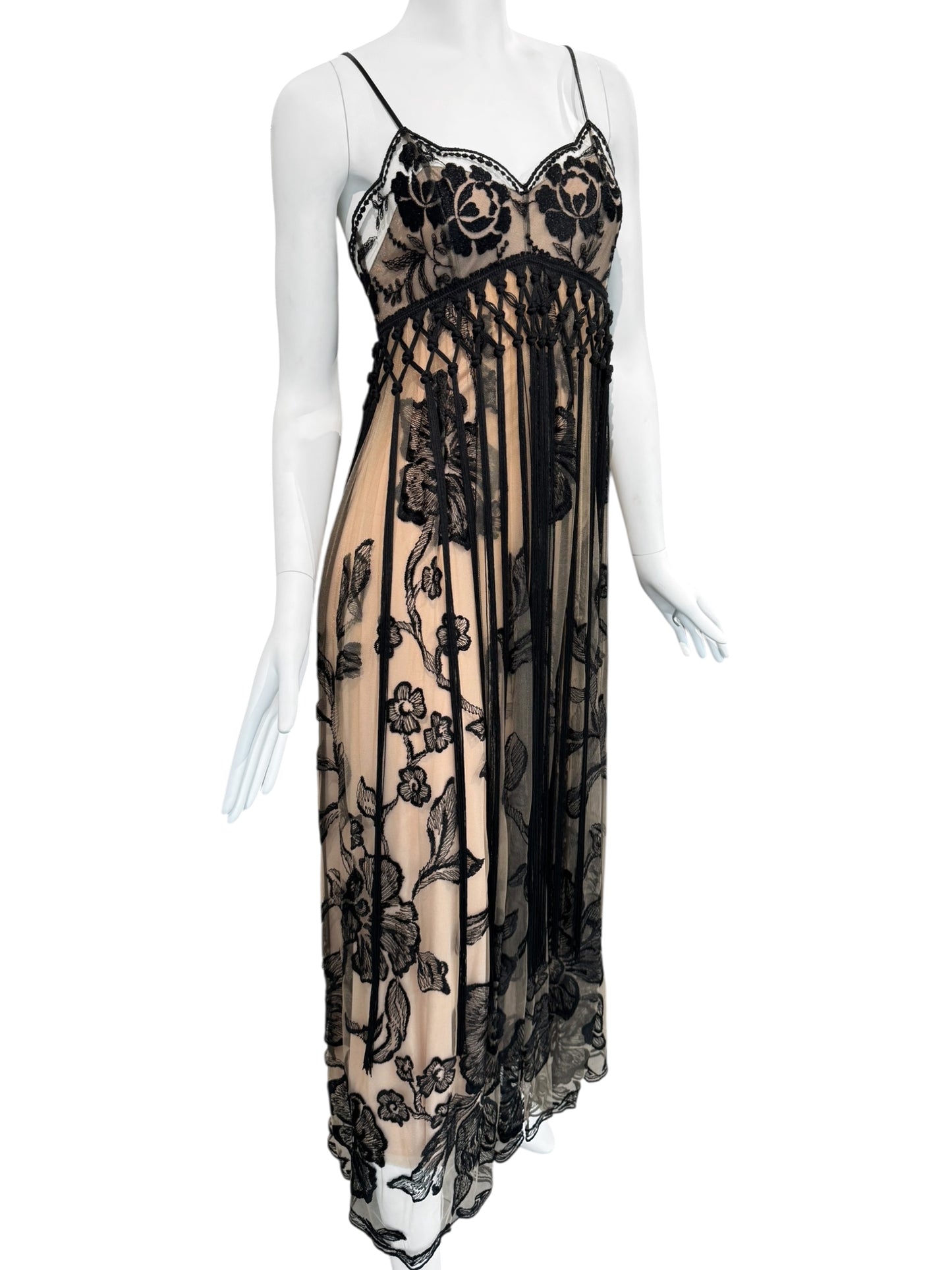 FAYÇAL AMOR 2019 BEIGE & BLACK FLORAL FRINGES MAXI DRESS