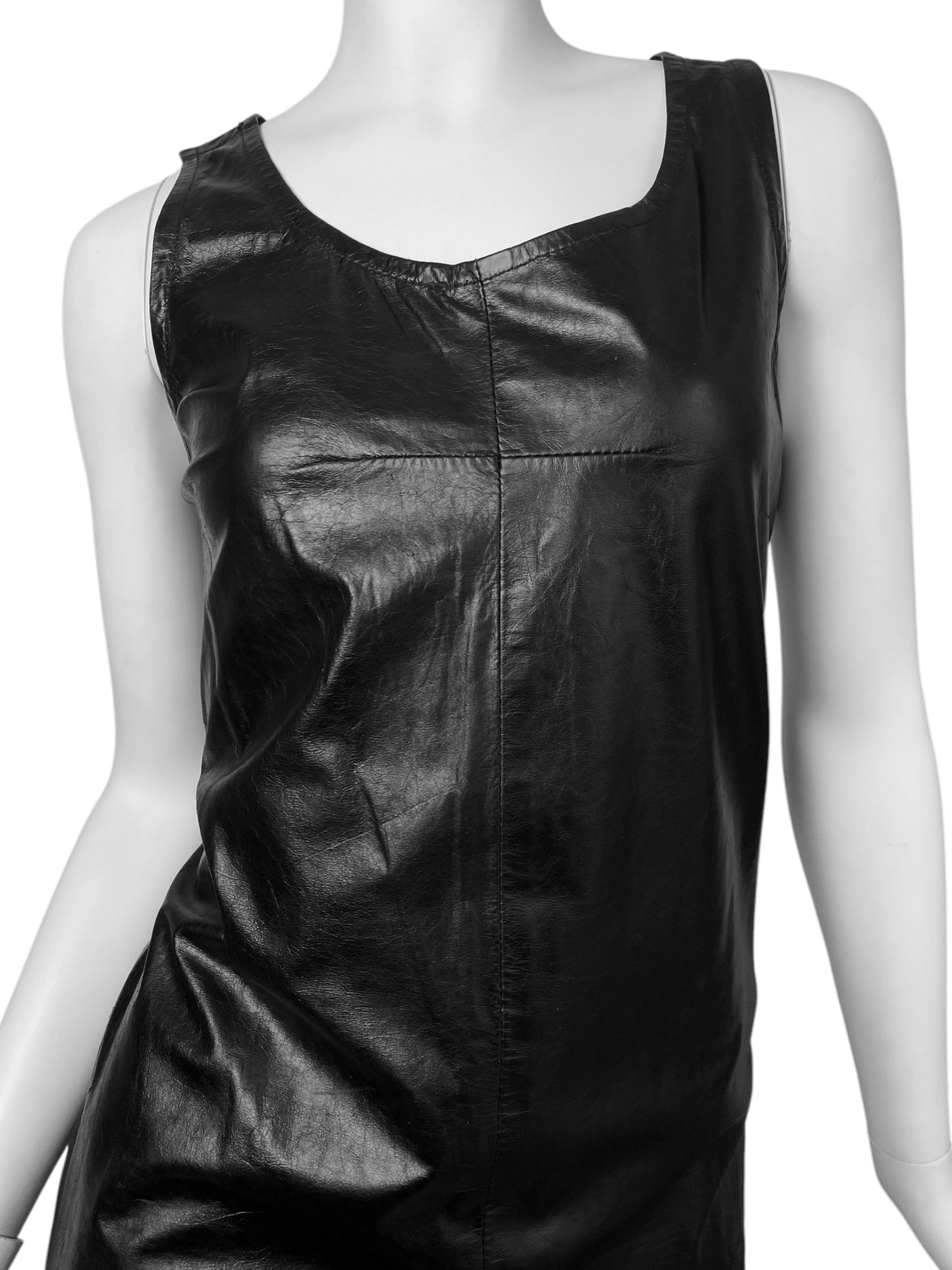 ANN DEMEULEMEESTER SS2002 BLACK LEATHER STRAIGHT CUT DRESS