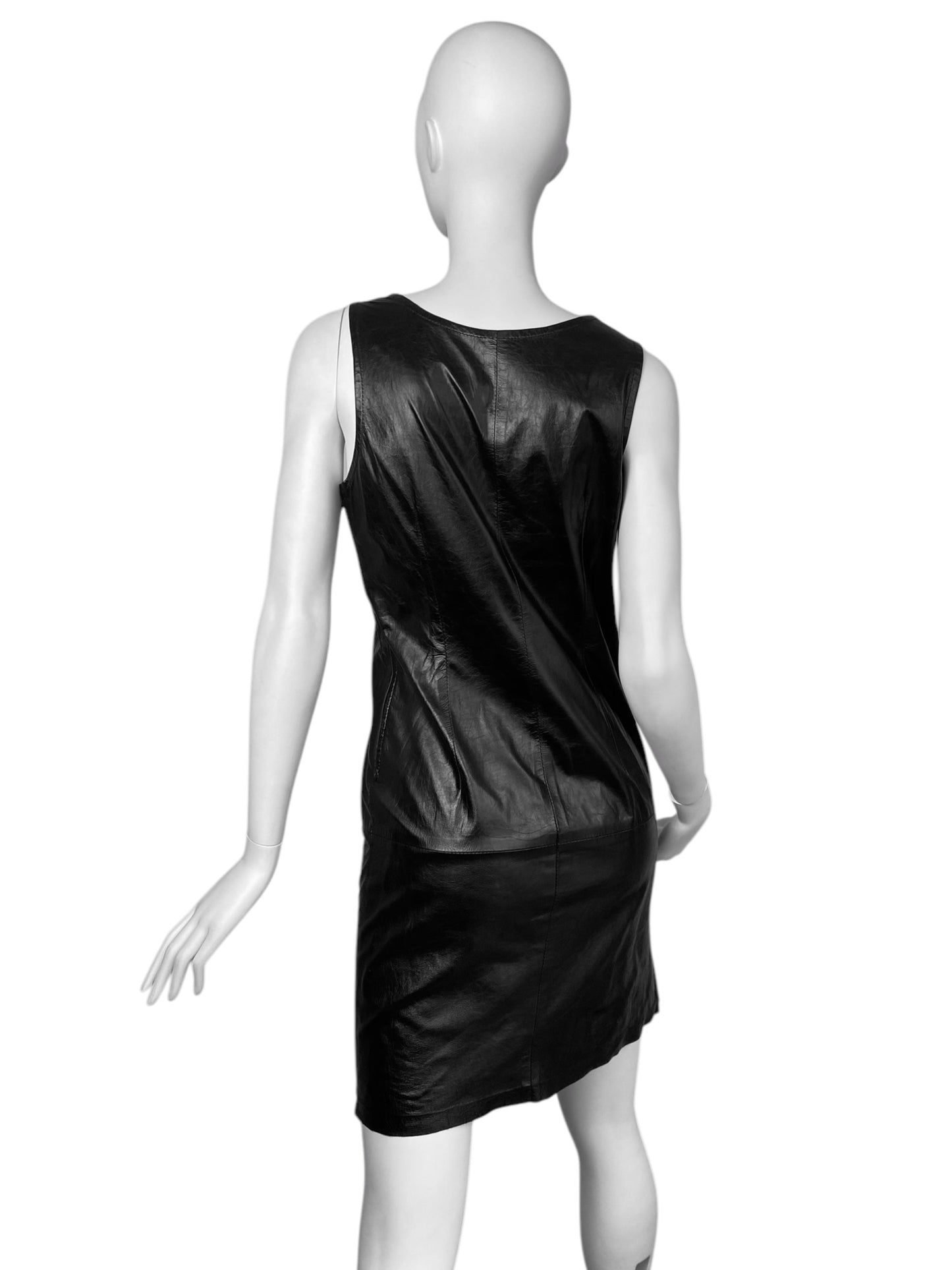 ANN DEMEULEMEESTER SS2002 BLACK LEATHER STRAIGHT CUT DRESS