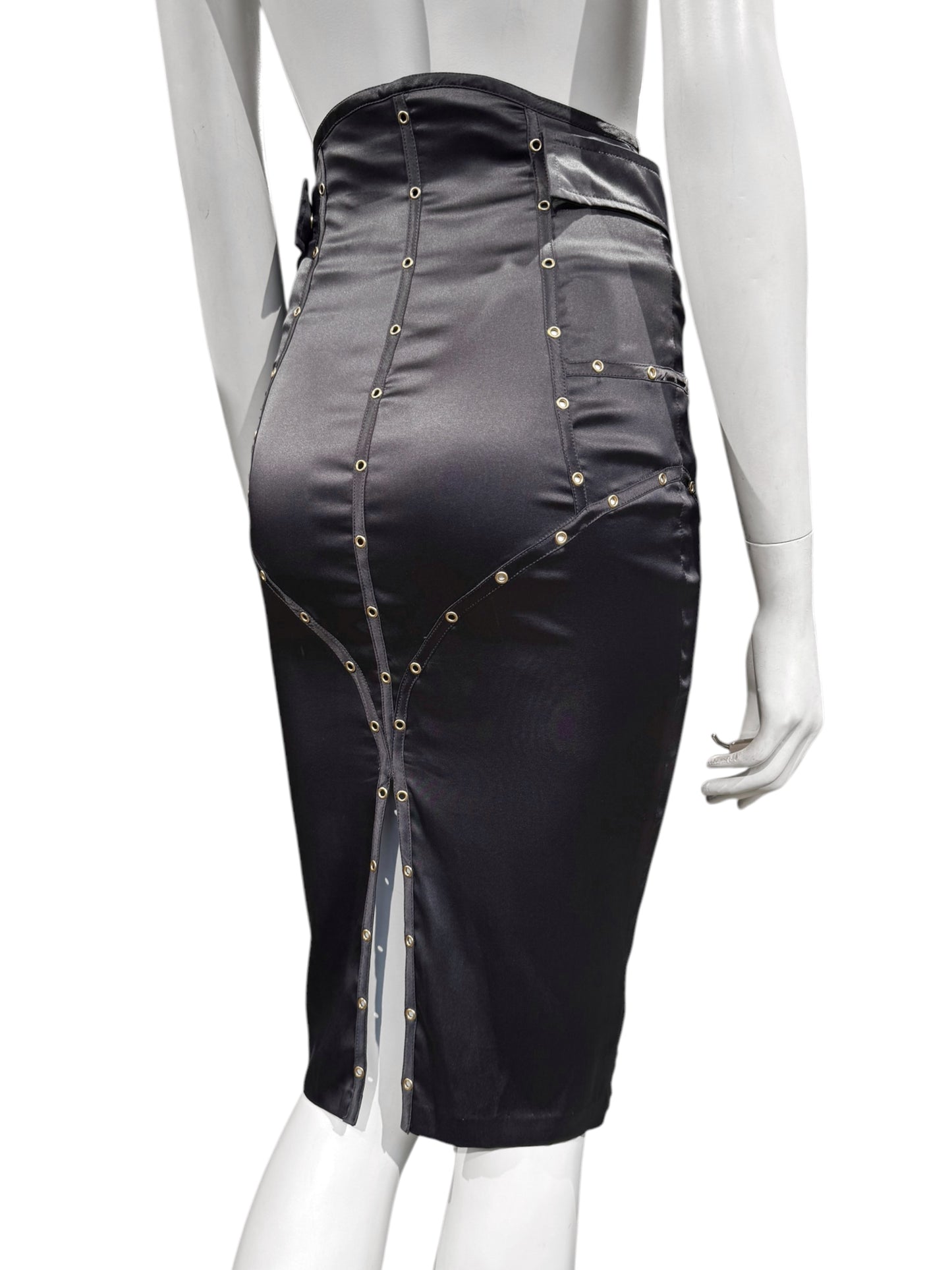 GUCCI FW2003 BY TOM FORD GREY SILK BLEND EYELET PENCIL SKIRT