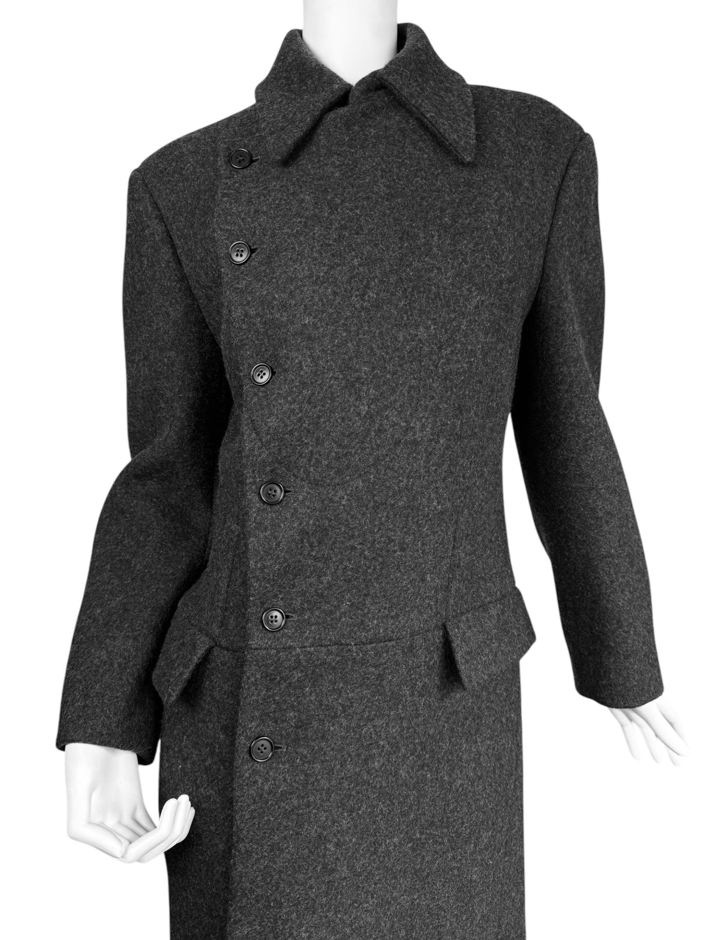 ALEXANDER MCQUEEN FW1999 «THE OVERLOOK» DARK GREY WOOL ASYMMETRICAL MAXI COAT