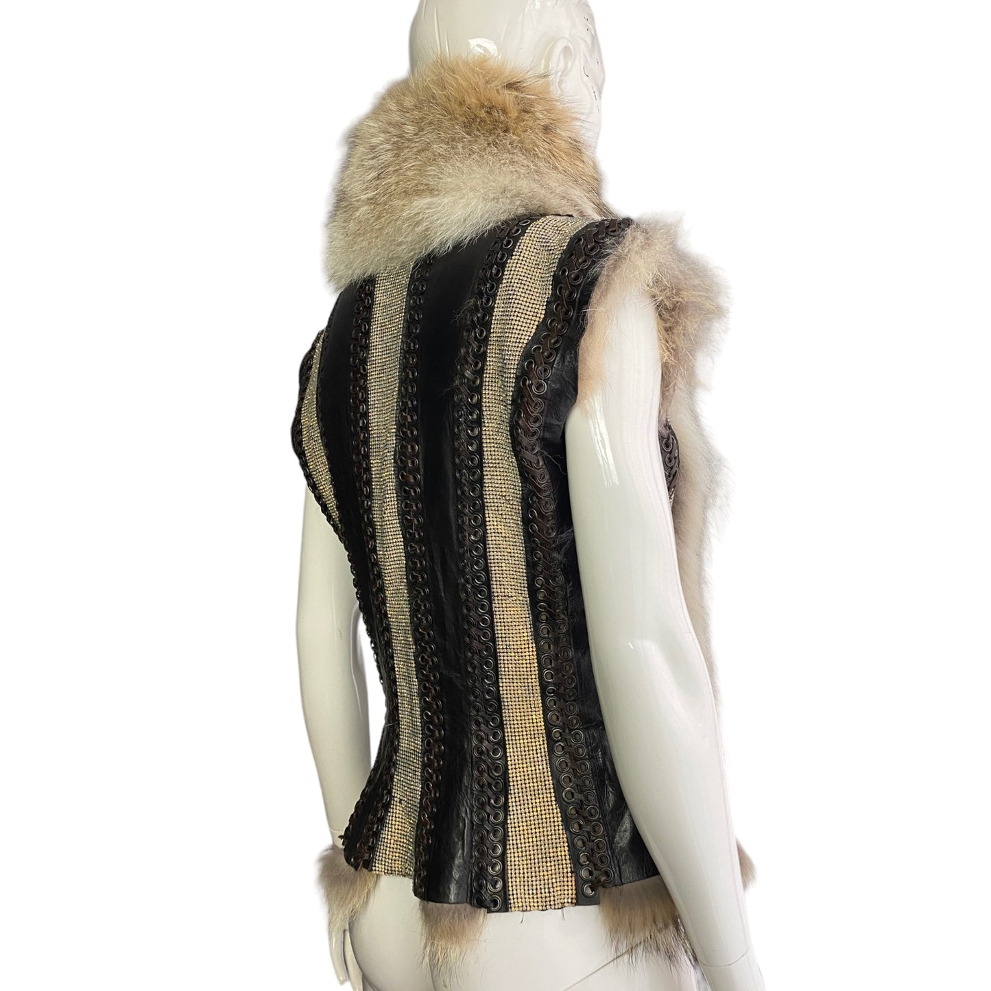 JEAN-PAUL GAULTIER FW2008 FOX FUR, LEATHER & RHINESTONES SLEEVELESS JACKET