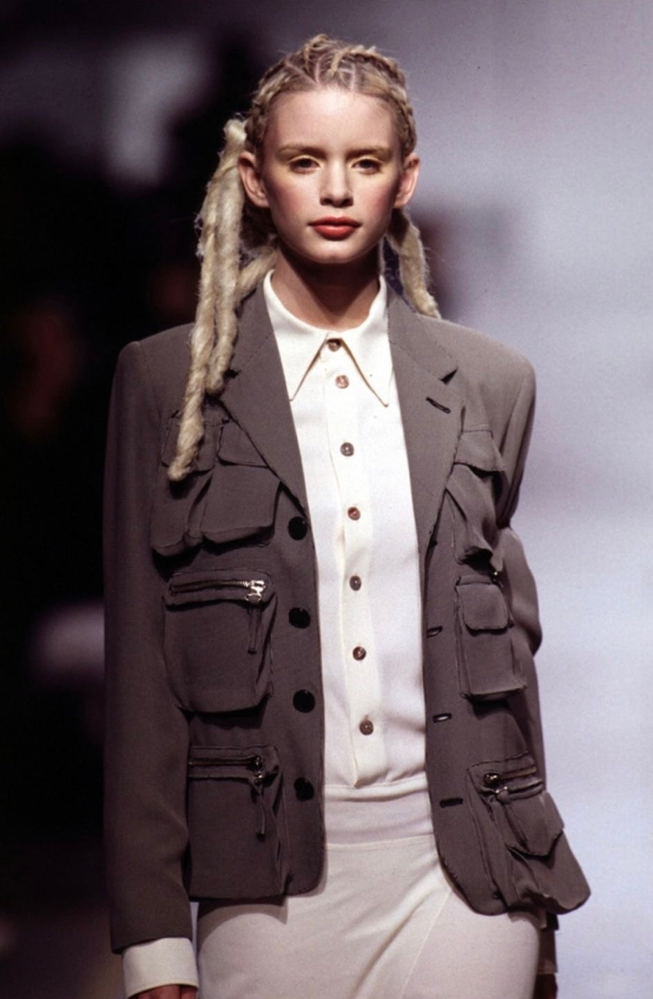 JEAN-PAUL GAULTIER SS1996 LIGHT GREEN/GREY CHECKERED UTILITY POCKET SKIRT SUIT (BLAZER & SKIRT)
